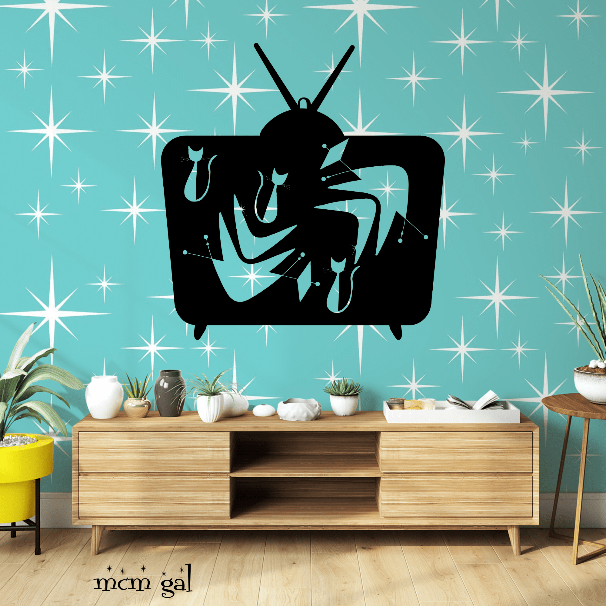 Retro TV Atomic Cat, Mid Century Modern Wall Art, Kitsch Livingroom, Den, Quirky MCM Metal Works - Mid Century Modern Gal