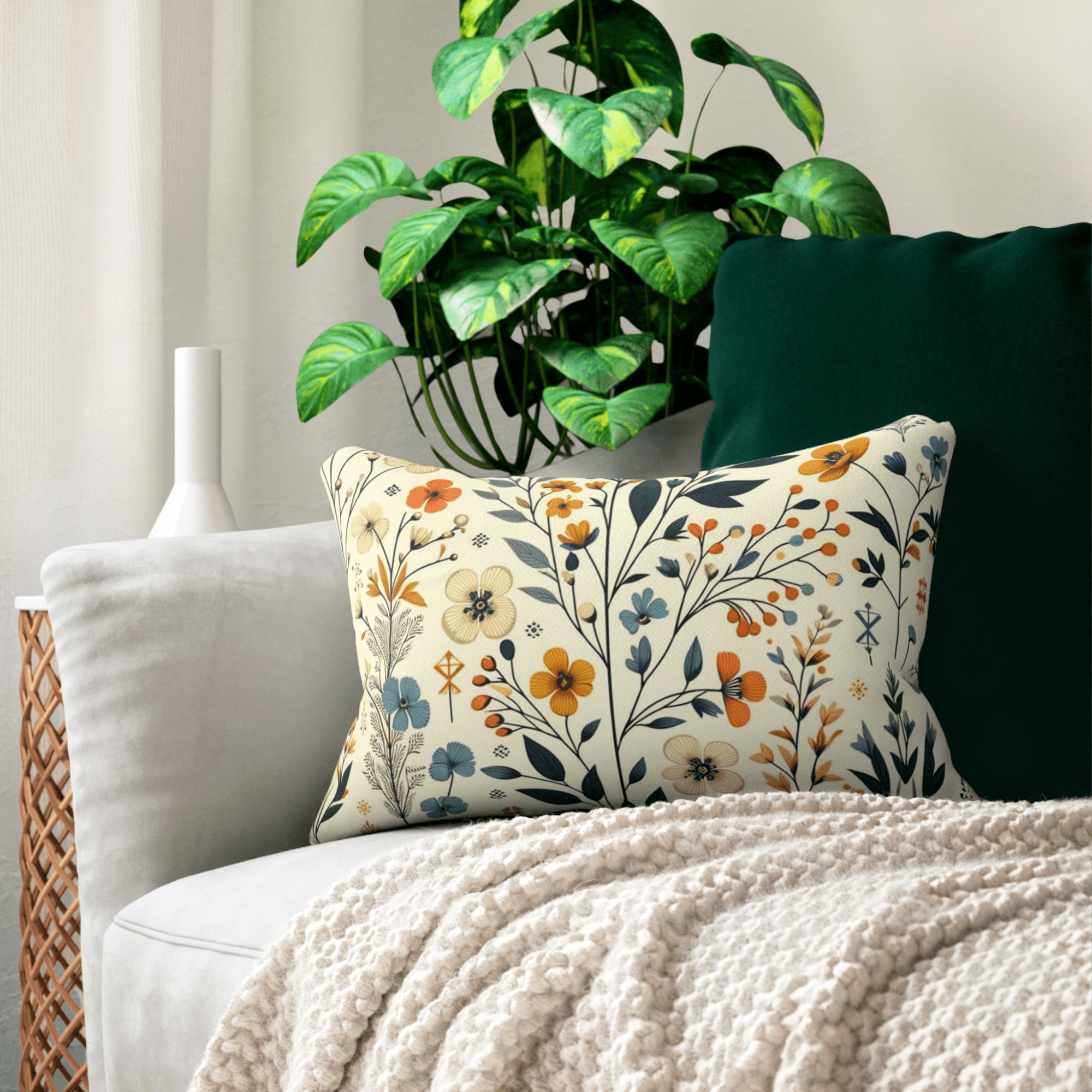 Modern Danish Scandinavian Designed Floral Mid Century Modern Golden Yellow, Royal Blue Lumbar Pillow - Mid Century Modern Gal
