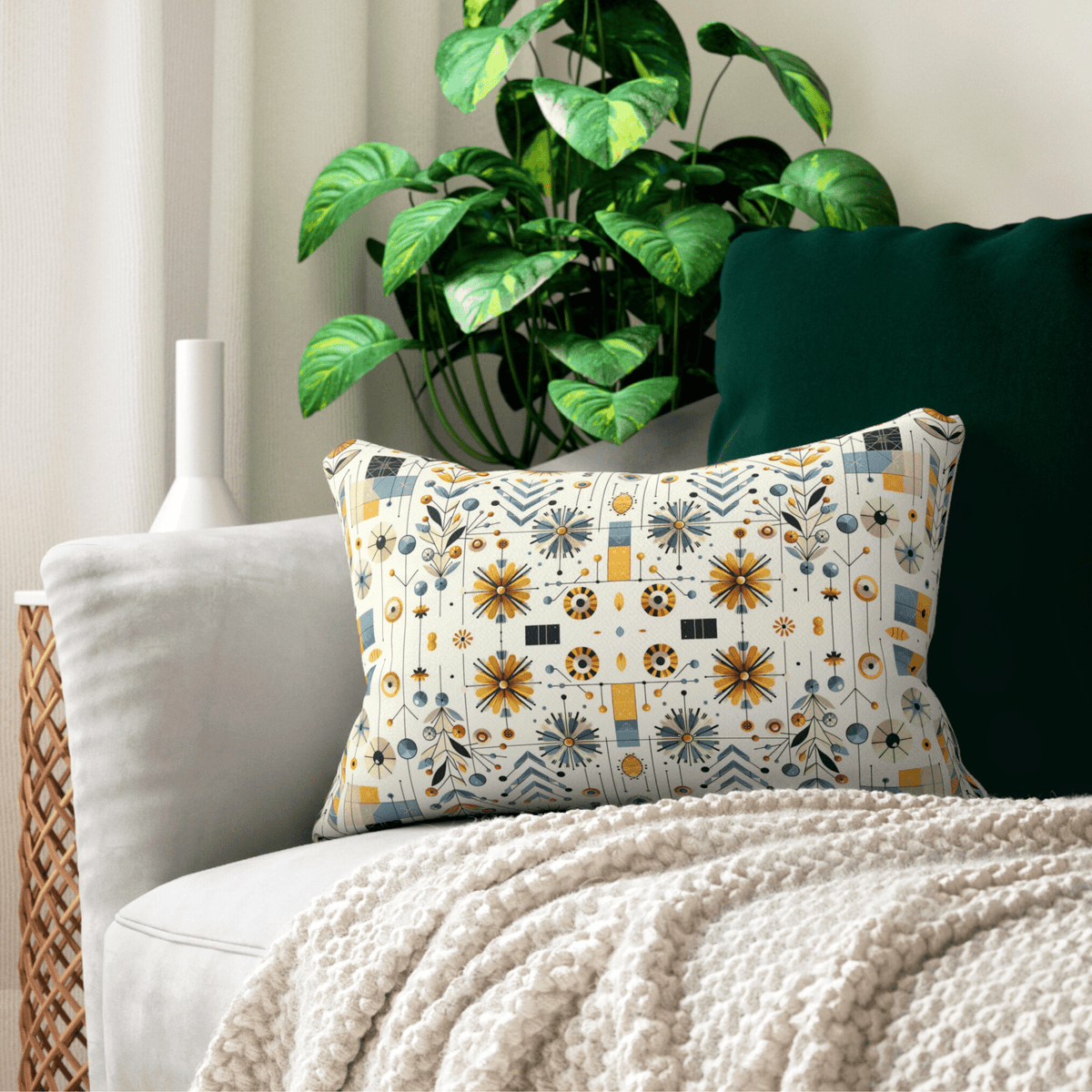 Modern Scandinavian Danish Norwegian Designed Floral Golden Yellow, Blue Mid Century Modern Lumbar Pillow - Mid Century Modern Gal