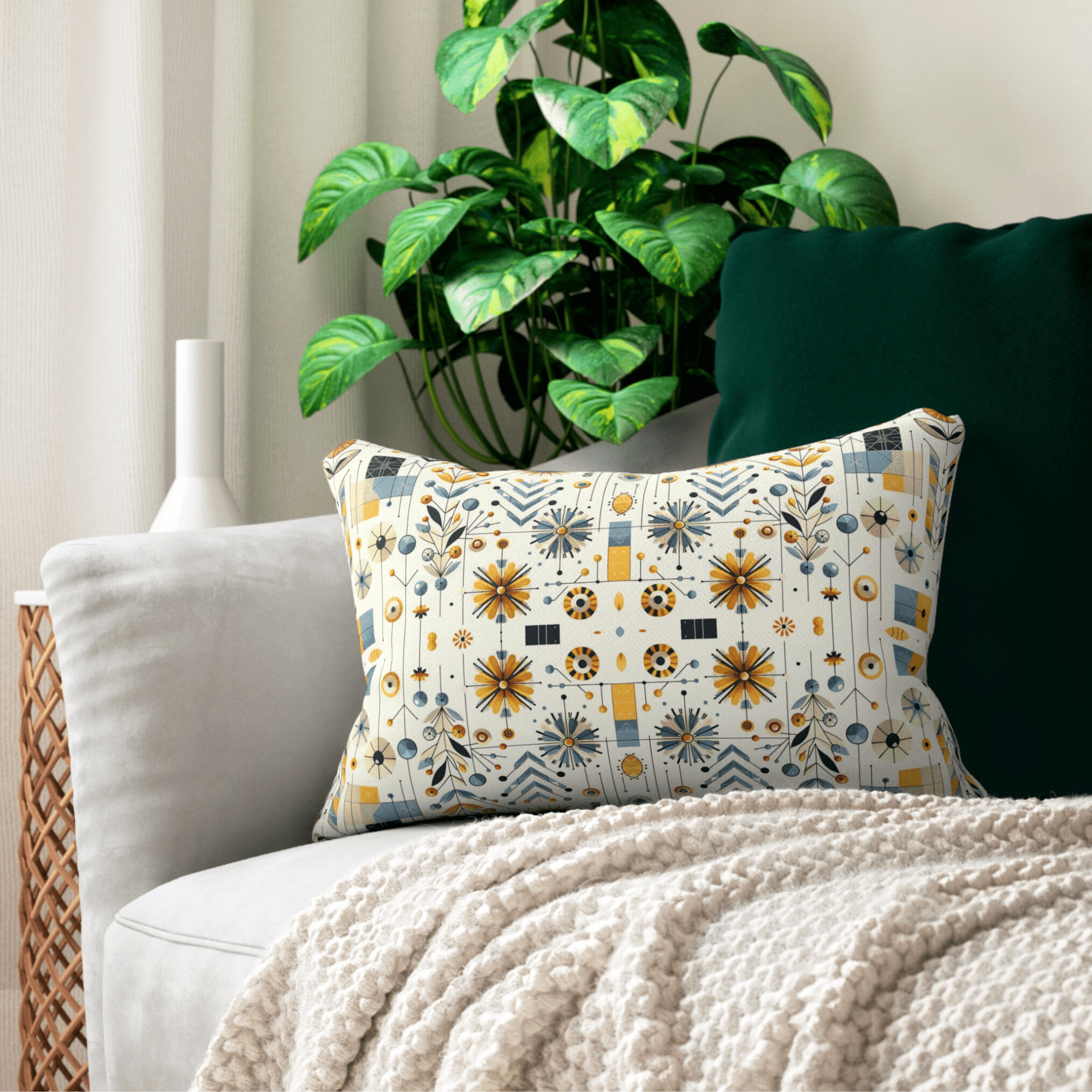 Modern Scandinavian Danish Norwegian Designed Floral Golden Yellow, Blue Mid Century Modern Lumbar Pillow - Mid Century Modern Gal