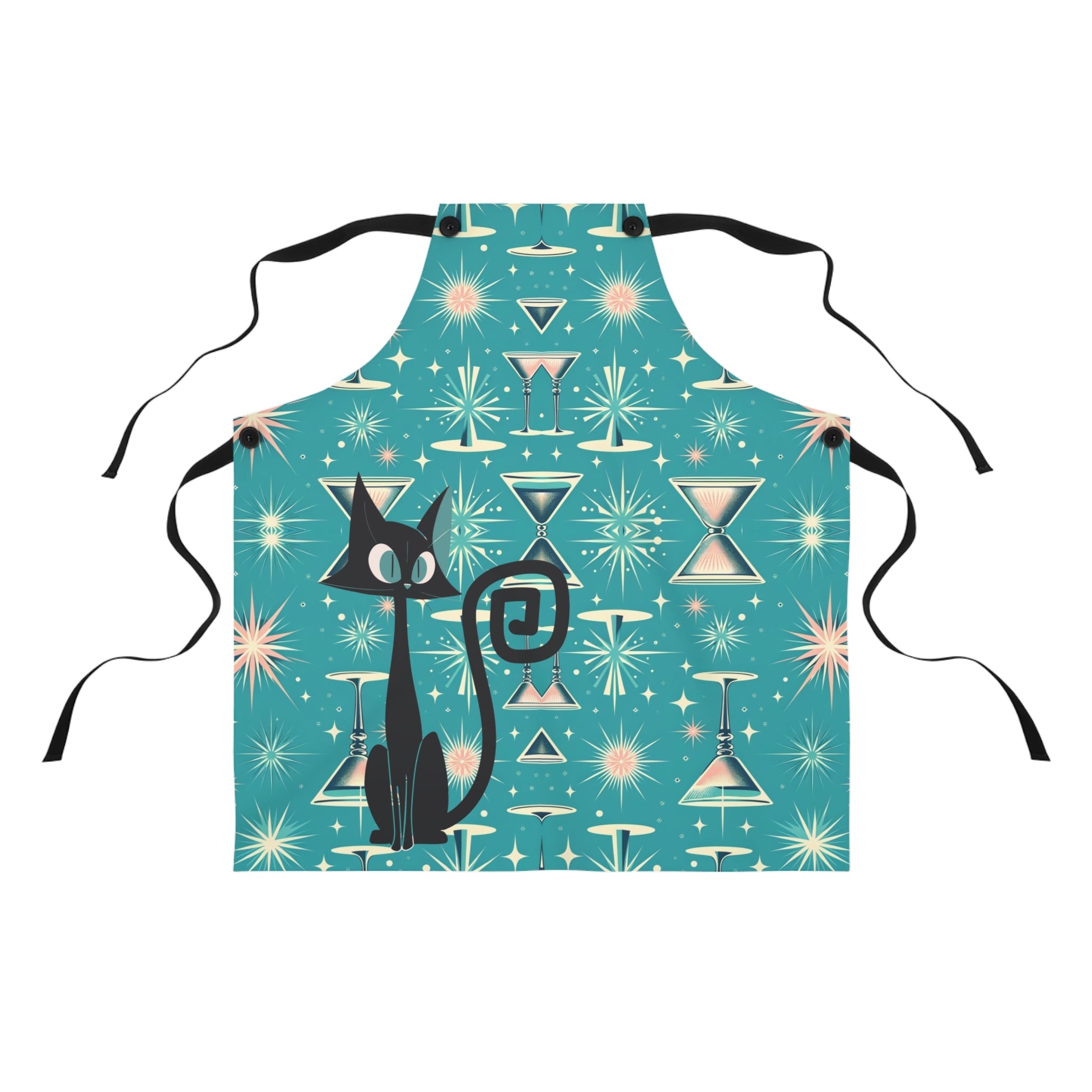 50s Atomic Kitchen Apron, Atomic Cat, Aqua Pink, Cocktail Martini, Mid Century Modern Apron Accessories One Size