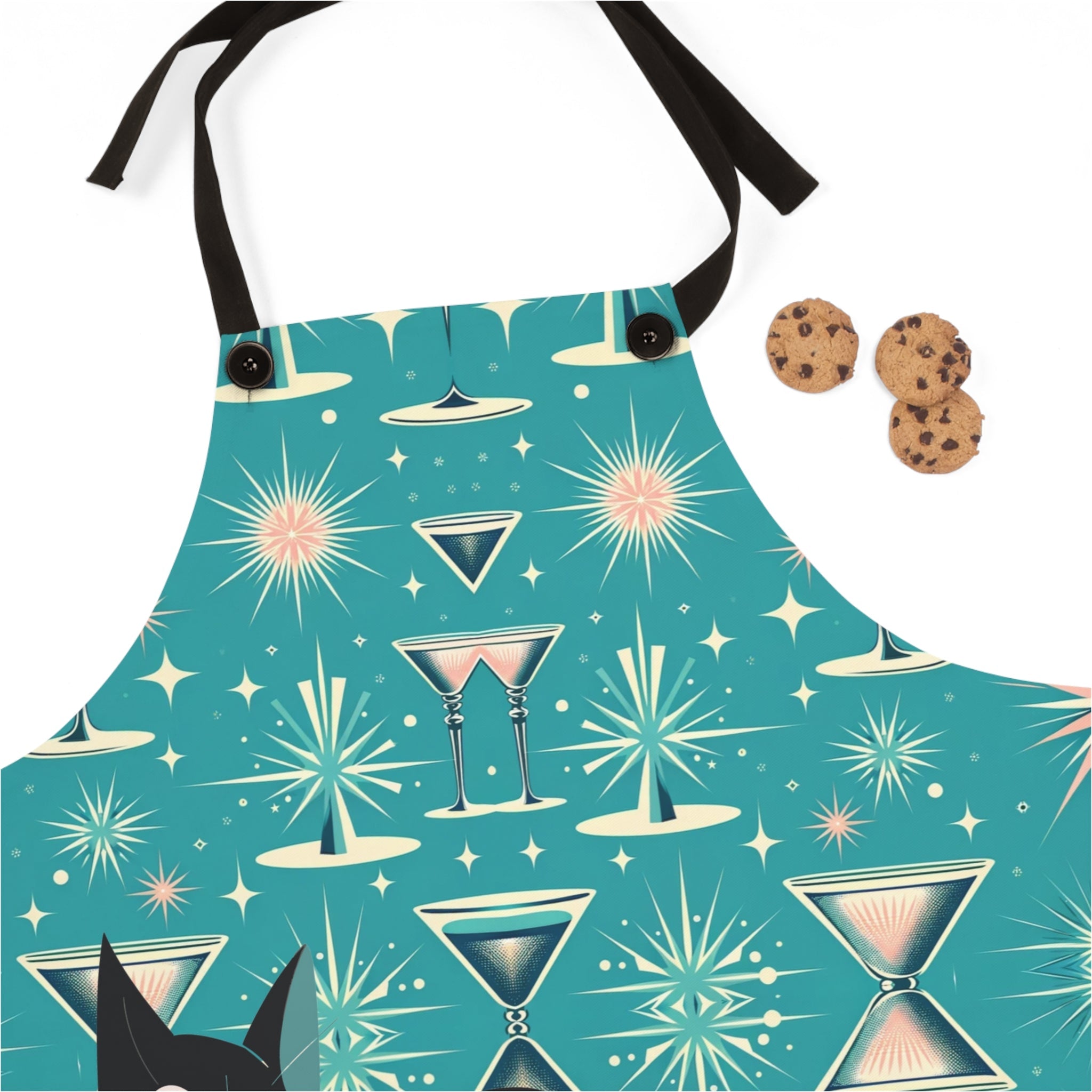 50s Atomic Kitchen Apron, Atomic Cat, Aqua Pink, Cocktail Martini, Mid Century Modern Apron Accessories One Size