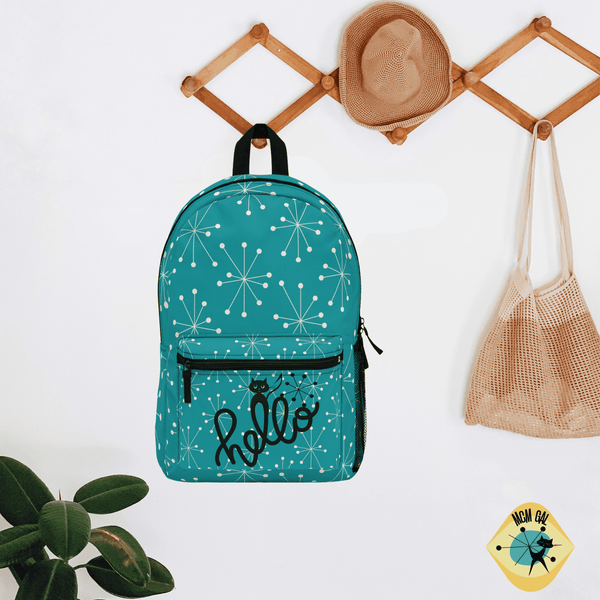 Mid Century Modern Aqua Blue, Atomic Cat, Kitschy, Travel, Office, School Backpack