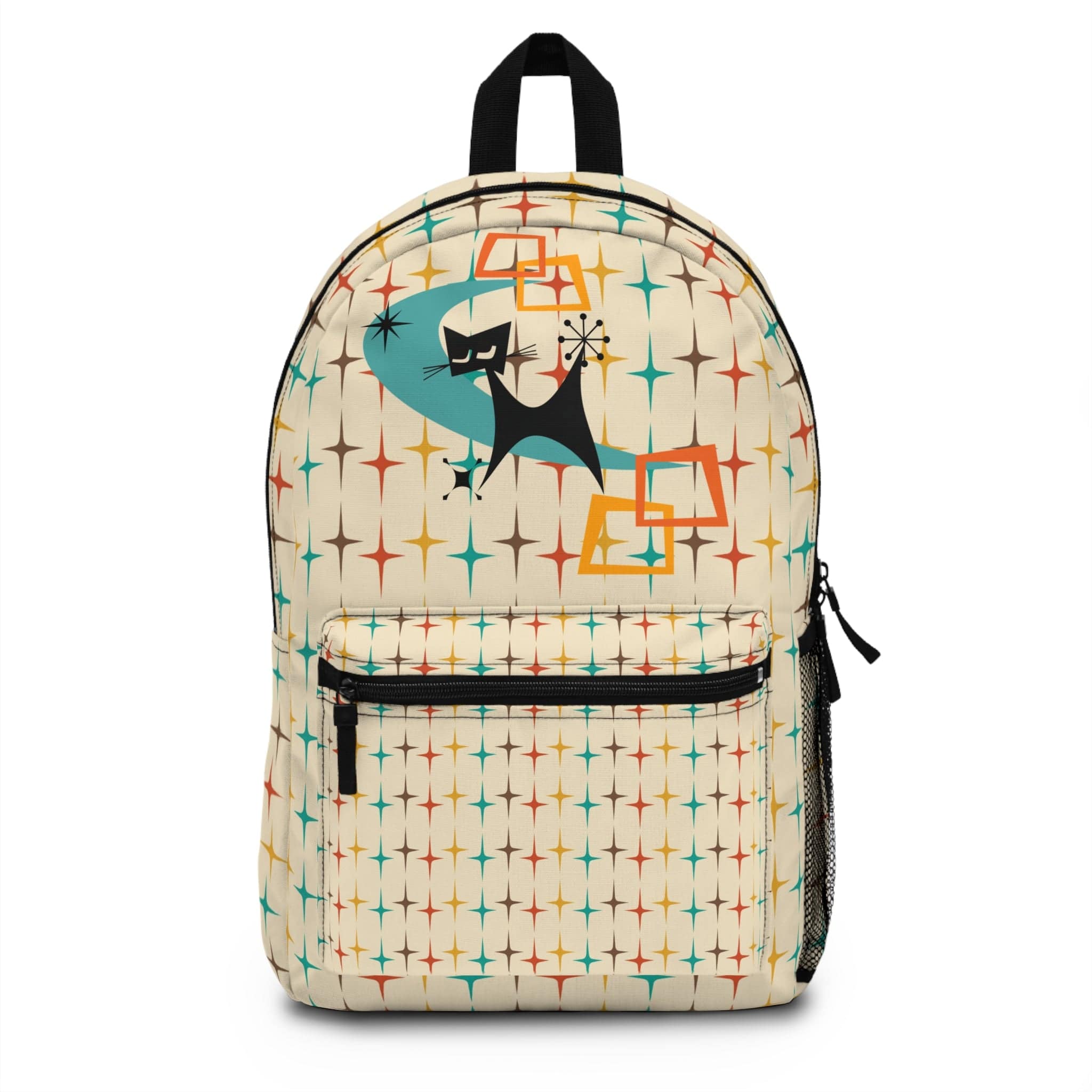 Mid Century Modern, Atomic Cat, Retro Beige, Aqua Starburst, Travel, School, Office Backpack Bags One size