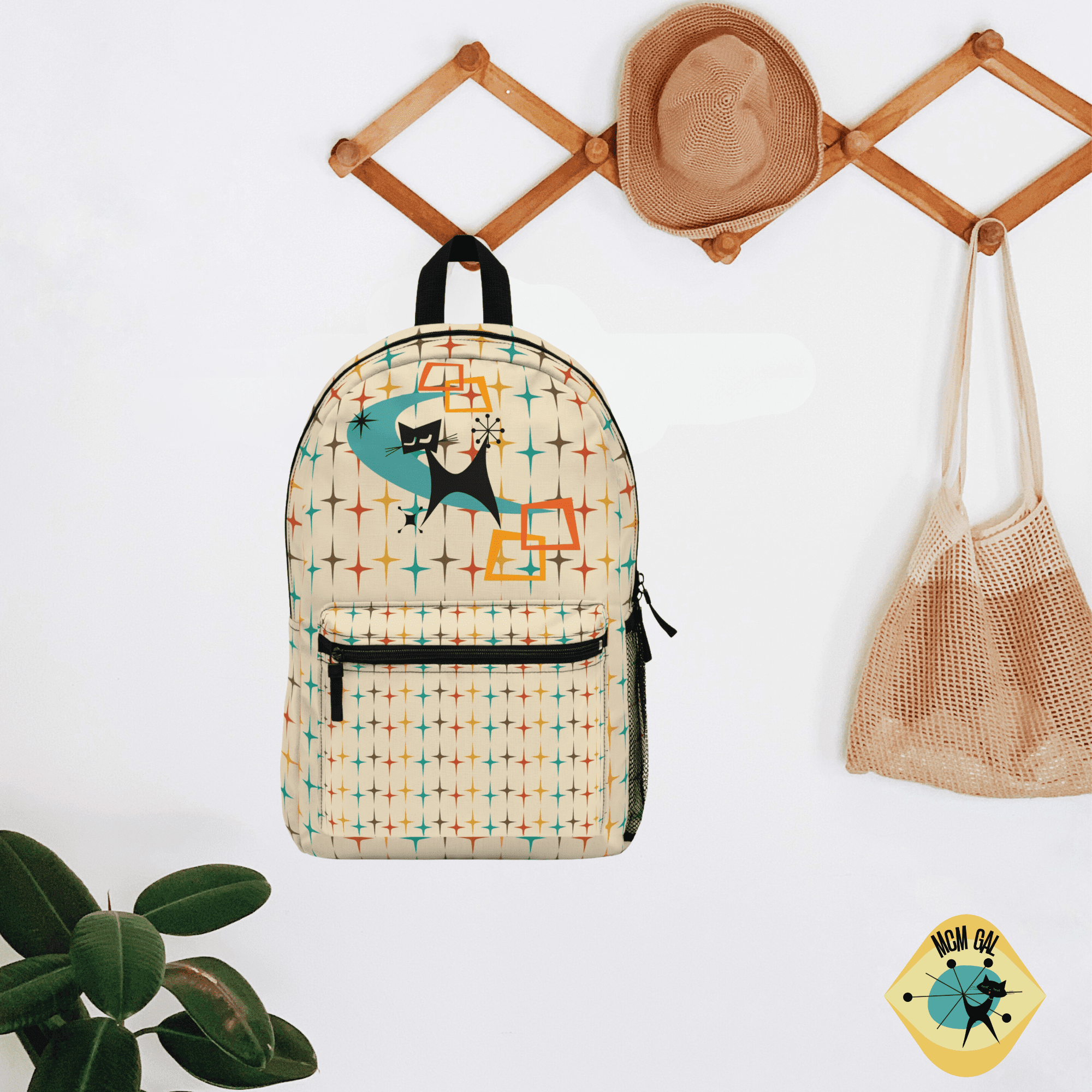 Mid Century Modern, Atomic Cat, Retro Beige, Aqua Starburst, Travel, School, Office Backpack Bags One size