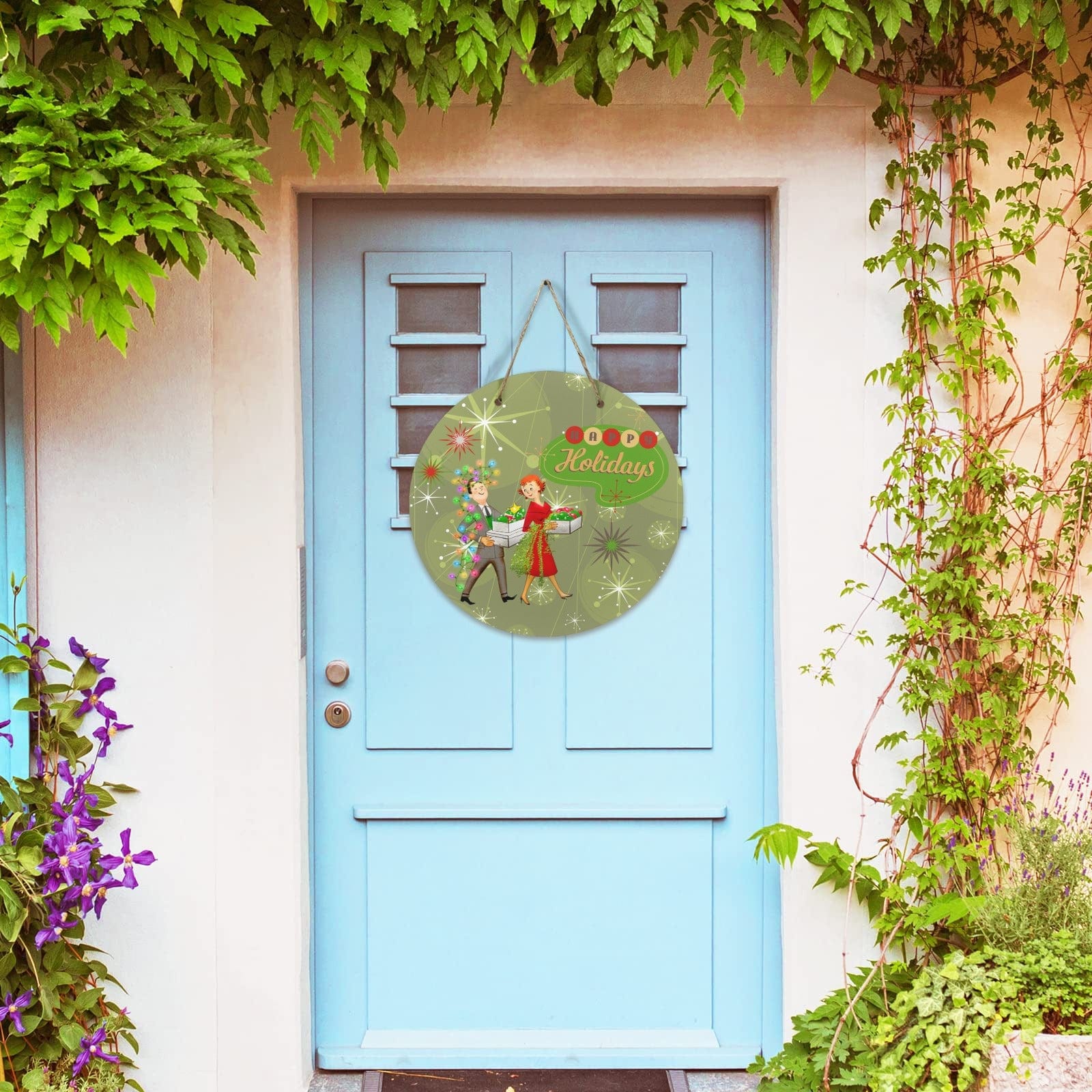 Retro Green Happy Holiday Kitschy Mid Mod Holiday Wooden Door Wall Hanging Art Prints One Size