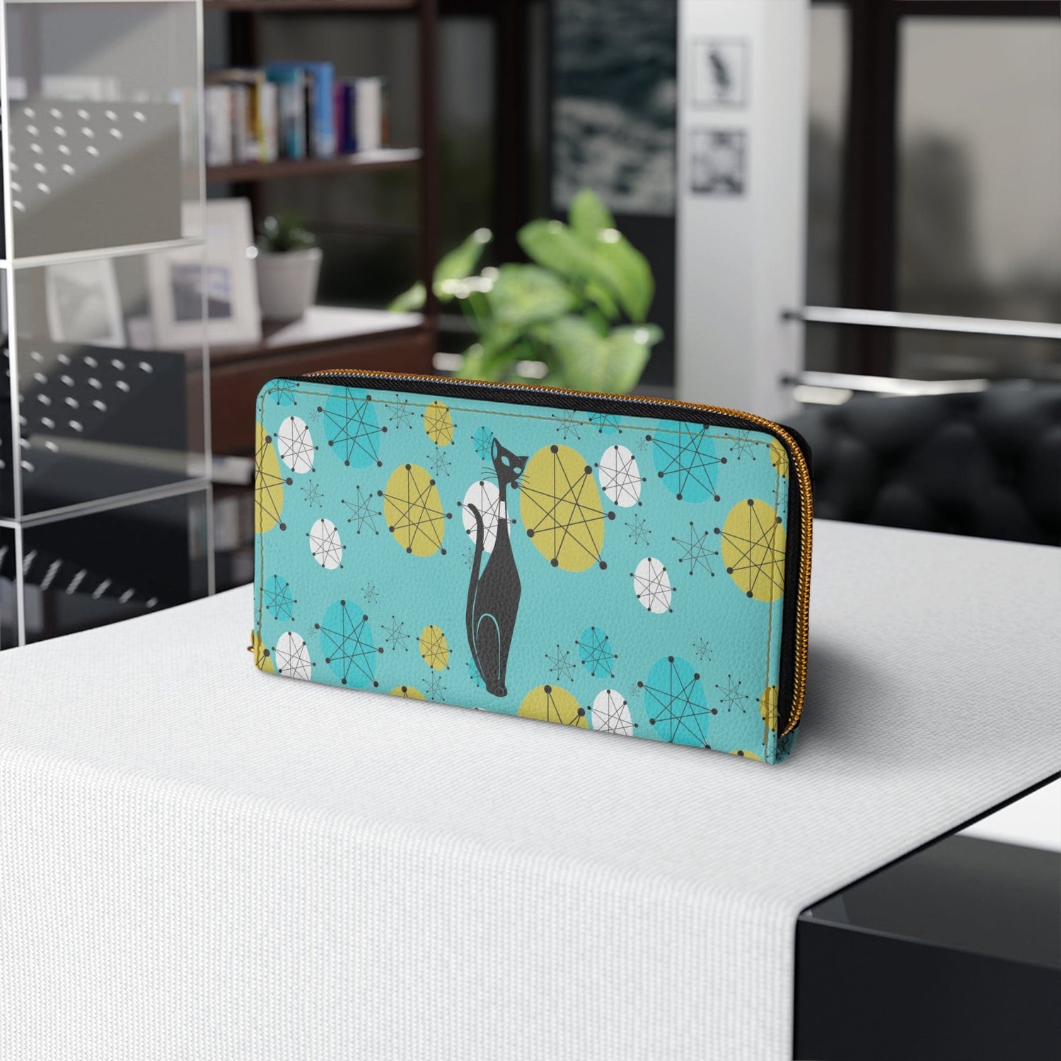 Atomic Cat, Fransican Pattern, Aqua Blue Zipper Wallet Accessories One size / White