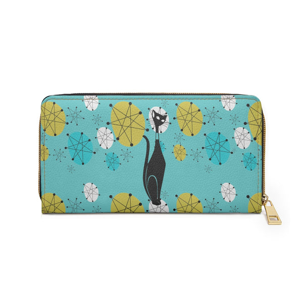 Atomic Cat, Fransican Pattern, Aqua Blue Zipper Wallet