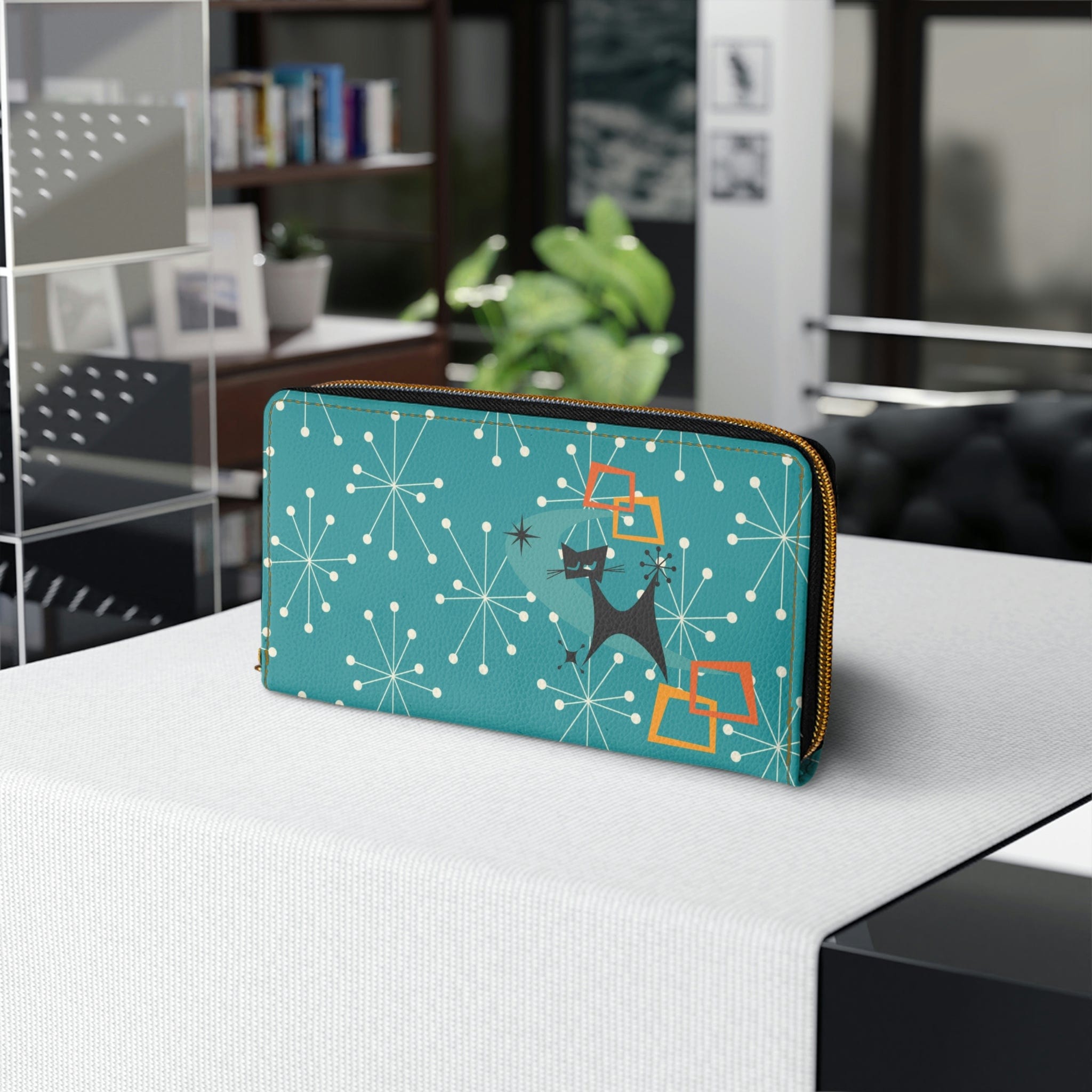 Atomic Cat, Kitschy Dark Aqua, Starburst, Mid Mod Retro Zipper Wallet Accessories One size / White