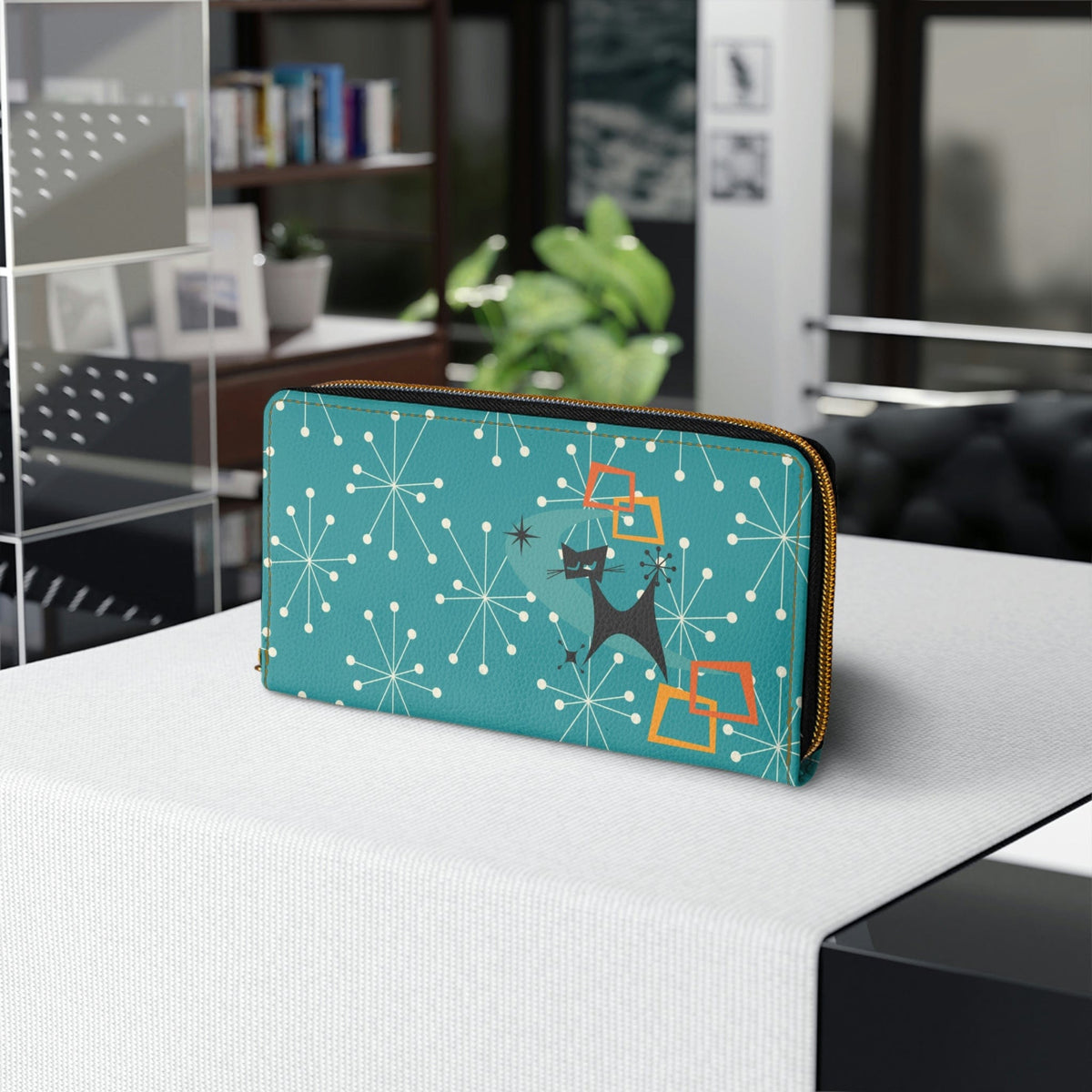 Atomic Cat, Kitschy Dark Aqua, Starburst, Mid Mod Retro Zipper Wallet Accessories One size / White