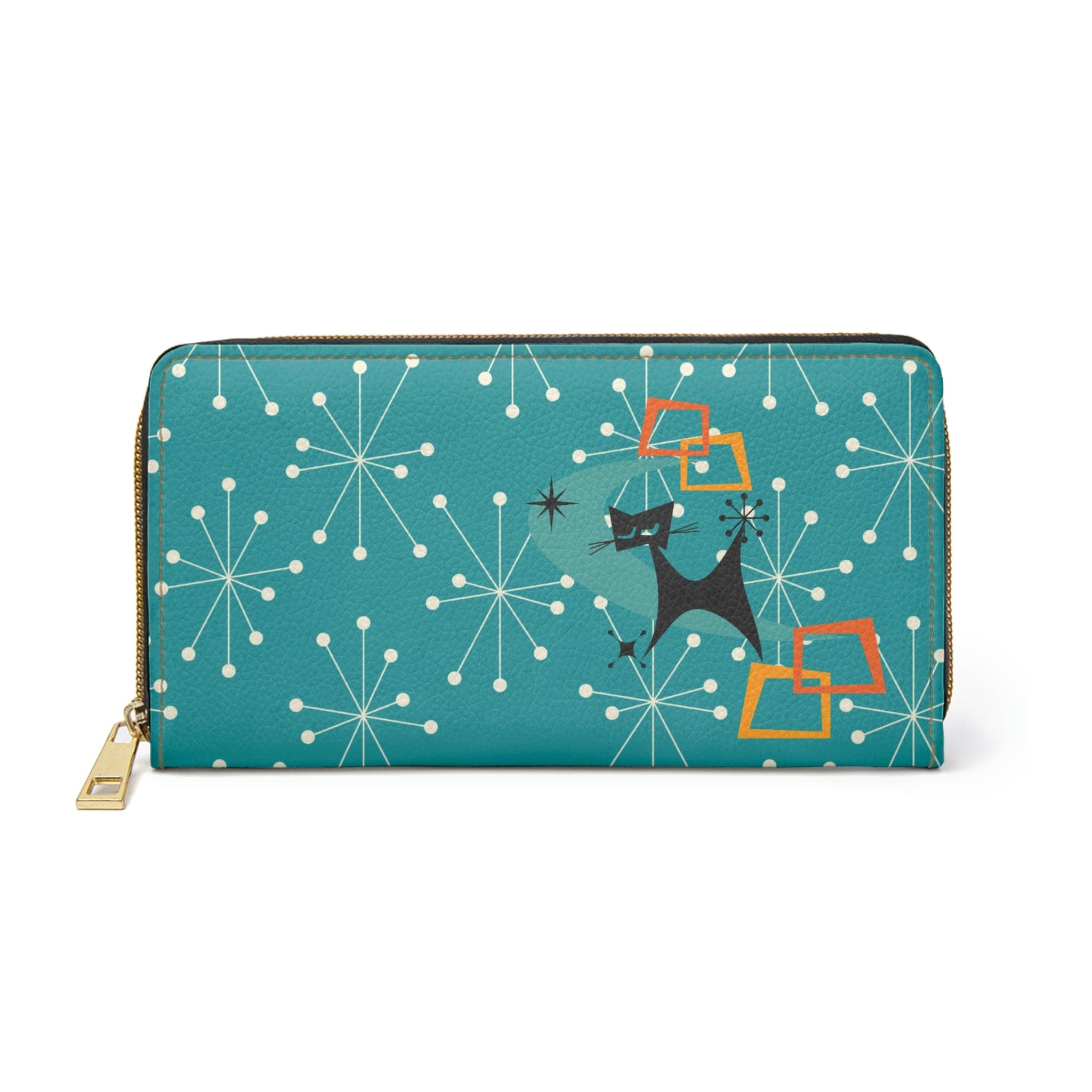 Atomic Cat, Kitschy Dark Aqua, Starburst, Mid Mod Retro Zipper Wallet Accessories One size / White