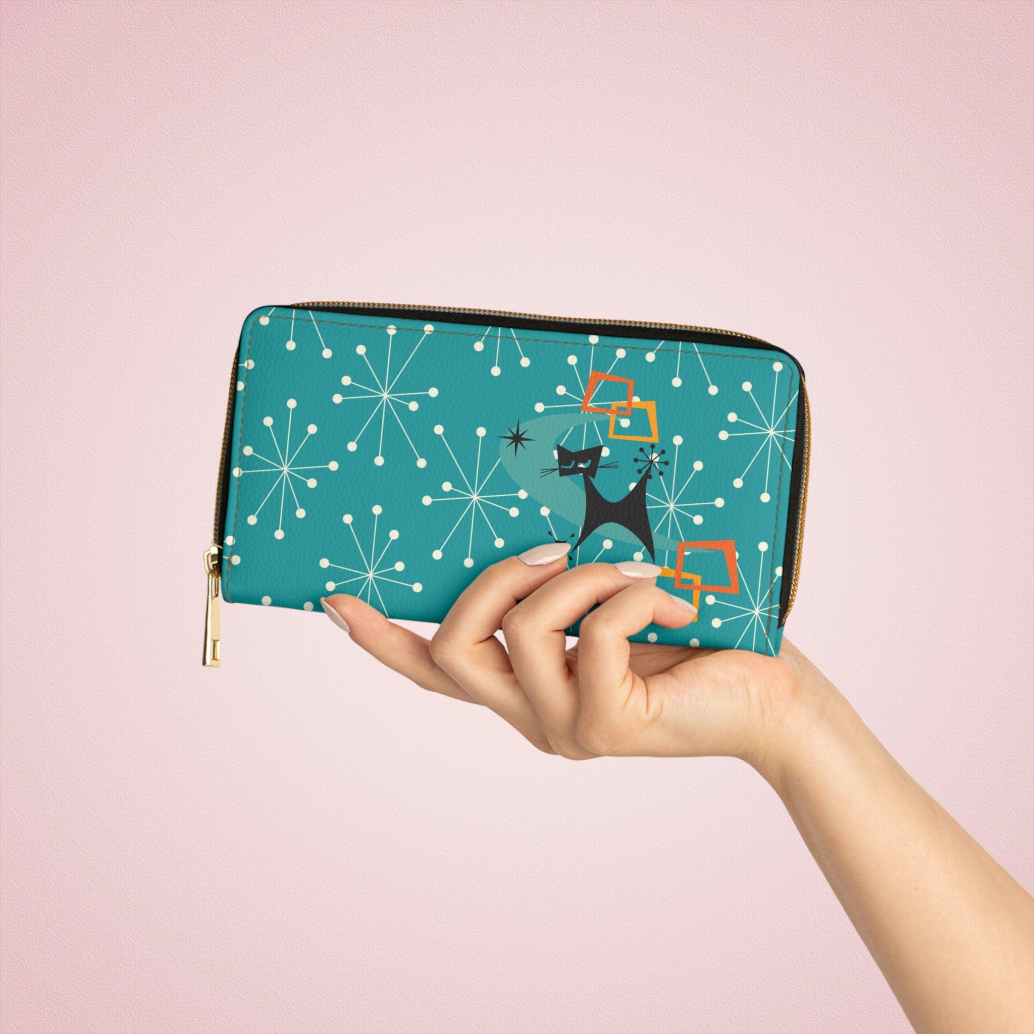 Atomic Cat, Kitschy Dark Aqua, Starburst, Mid Mod Retro Zipper Wallet Accessories One size / White