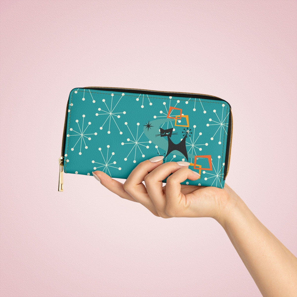 Atomic Cat, Kitschy Dark Aqua, Starburst, Mid Mod Retro Zipper Wallet Accessories One size / White