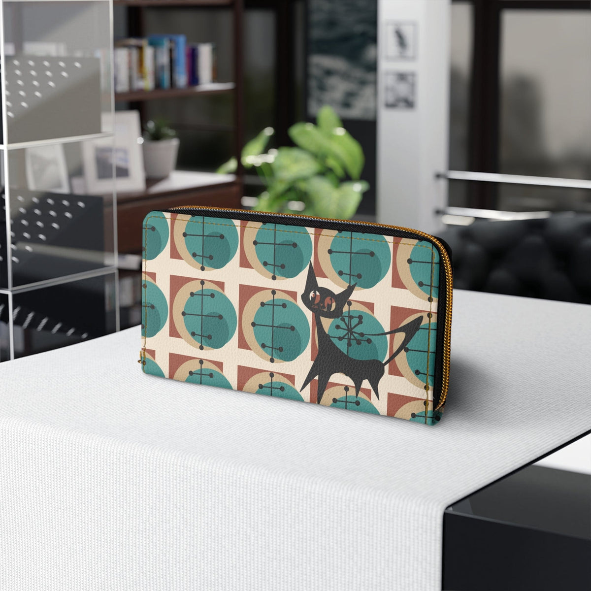 Atomic Cat, Kitschy Mid Mod, Geometric Brown, Teal, Retro Zipper Wallet Accessories One size / White
