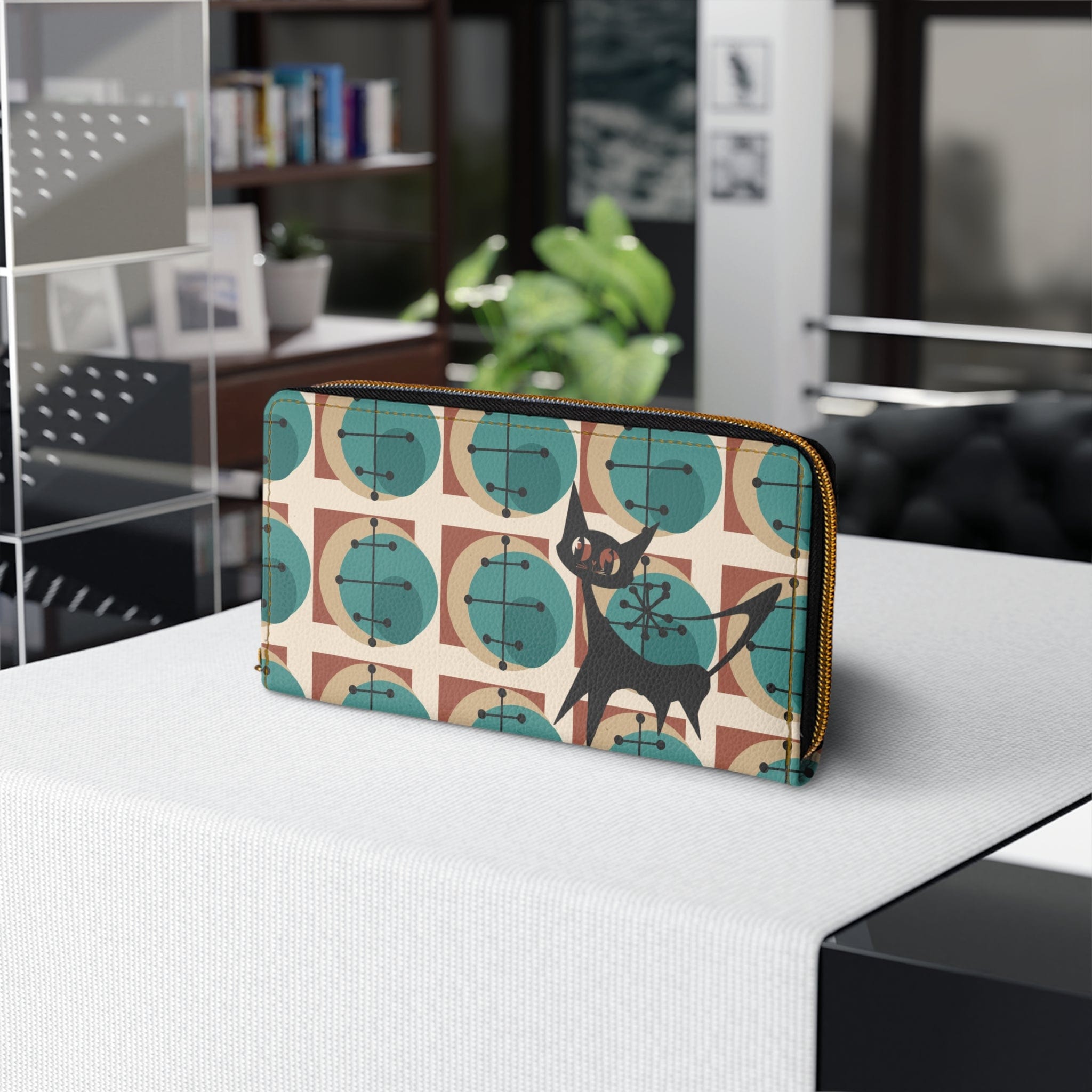 Atomic Cat, Kitschy Mid Mod, Geometric Brown, Teal, Retro Zipper Wallet Accessories One size / White