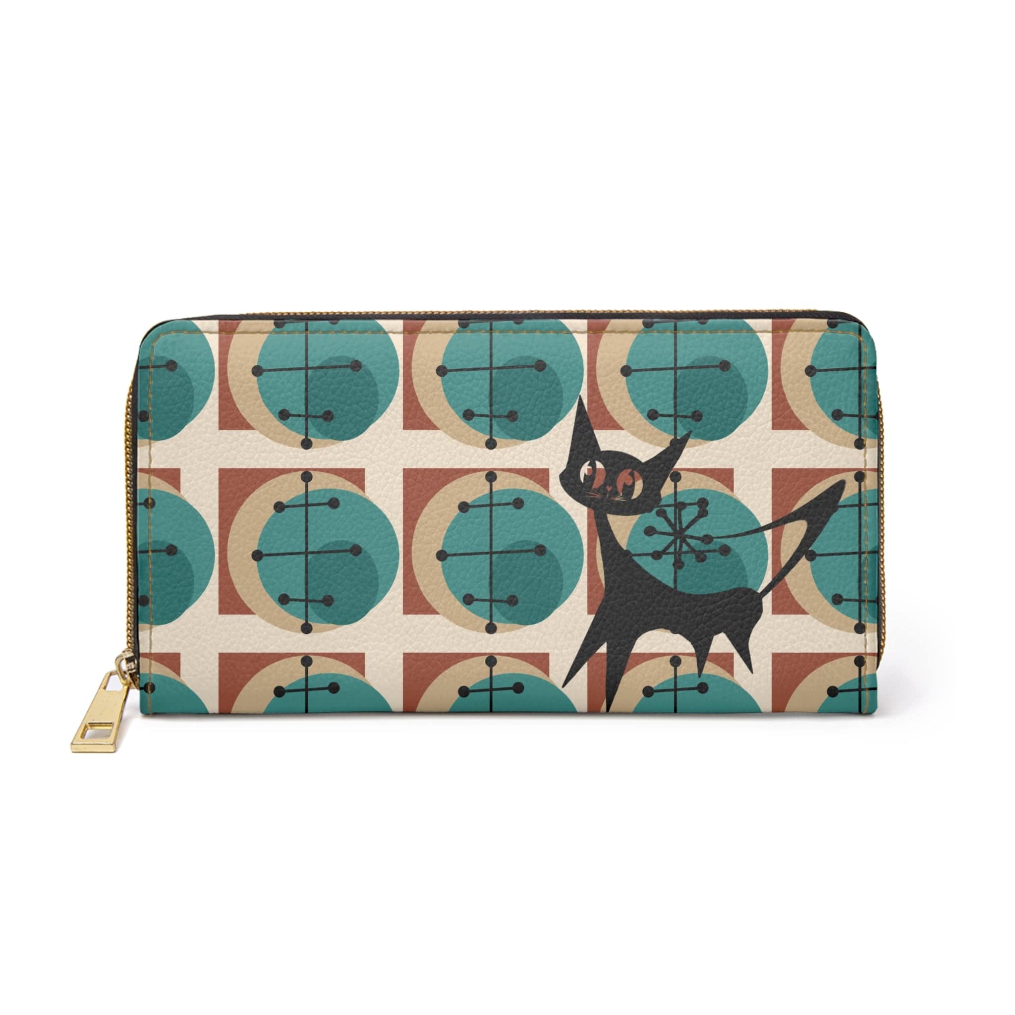Atomic Cat, Kitschy Mid Mod, Geometric Brown, Teal, Retro Zipper Wallet Accessories One size / White
