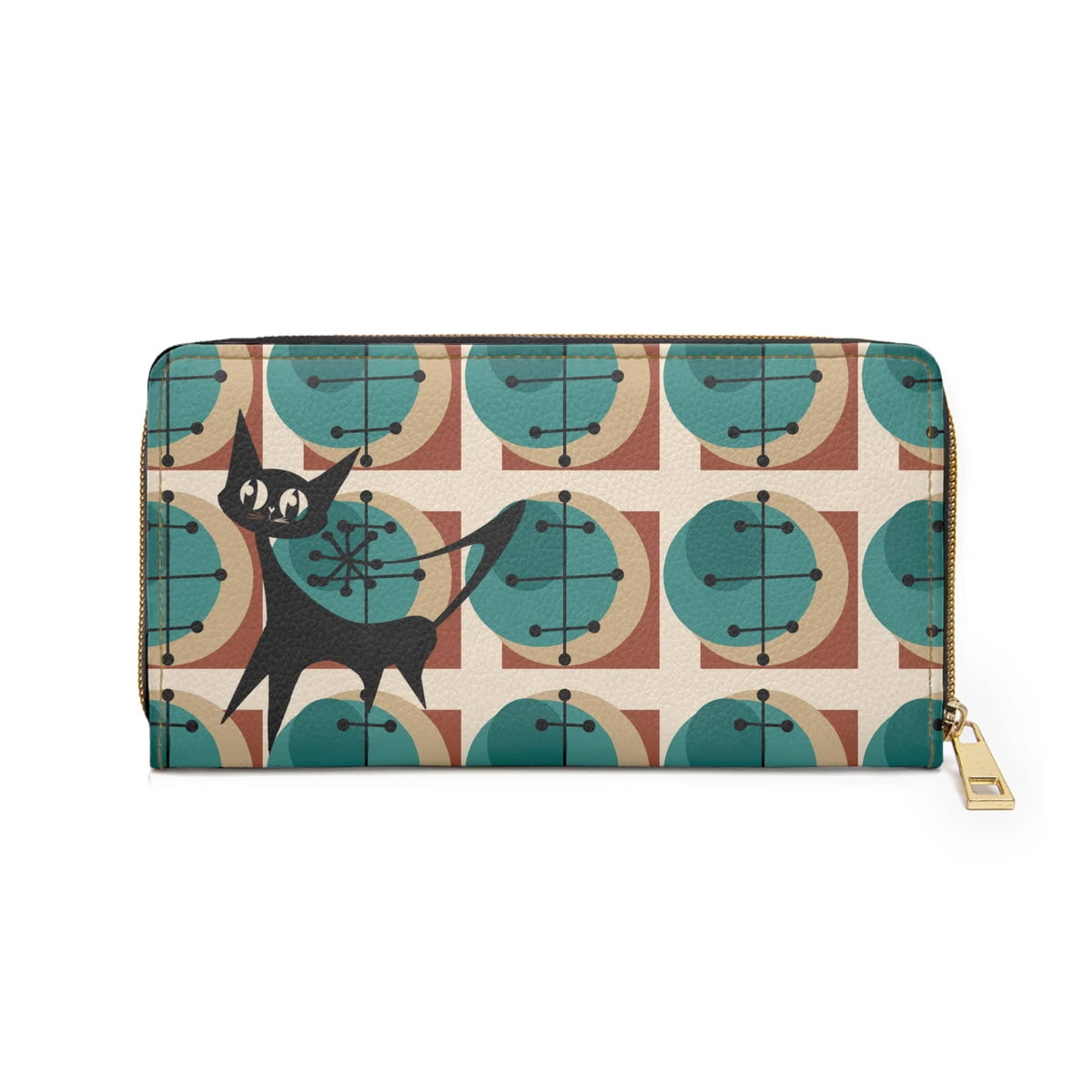 Atomic Cat, Kitschy Mid Mod, Geometric Brown, Teal, Retro Zipper Wallet Accessories One size / White