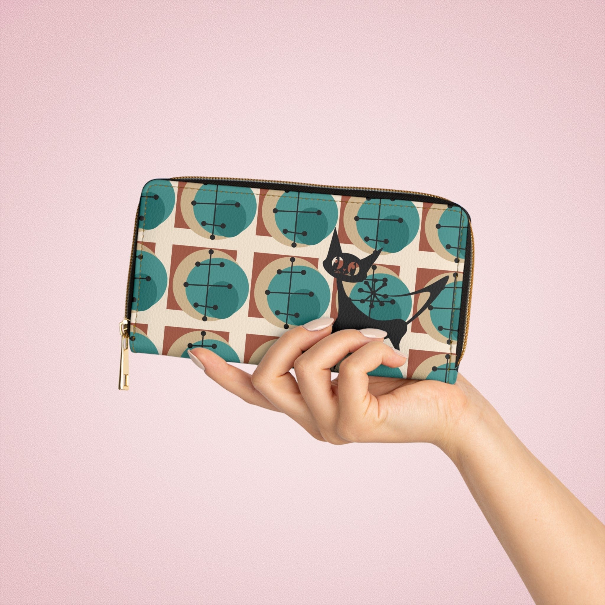 Atomic Cat, Kitschy Mid Mod, Geometric Brown, Teal, Retro Zipper Wallet Accessories One size / White