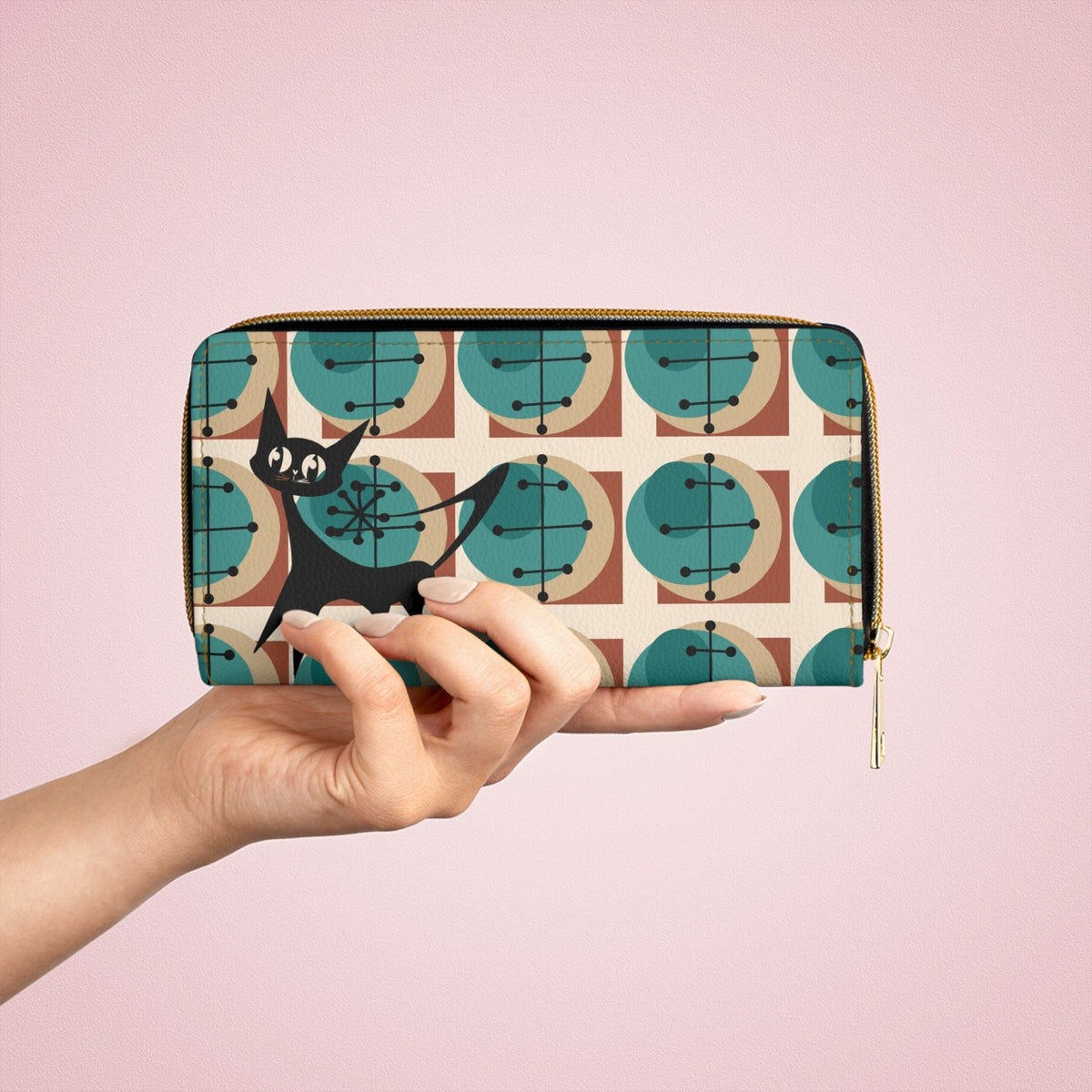 Atomic Cat, Kitschy Mid Mod, Geometric Brown, Teal, Retro Zipper Wallet Accessories One size / White