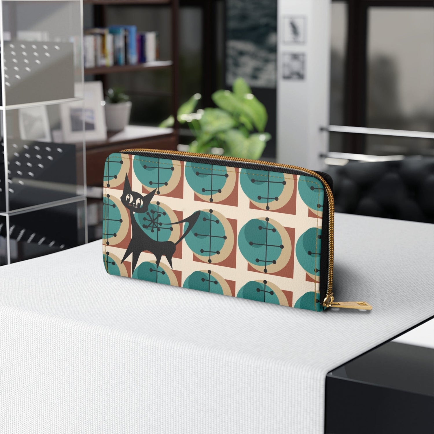 Atomic Cat, Kitschy Mid Mod, Geometric Brown, Teal,  Retro Zipper Wallet Accessories One size / White
