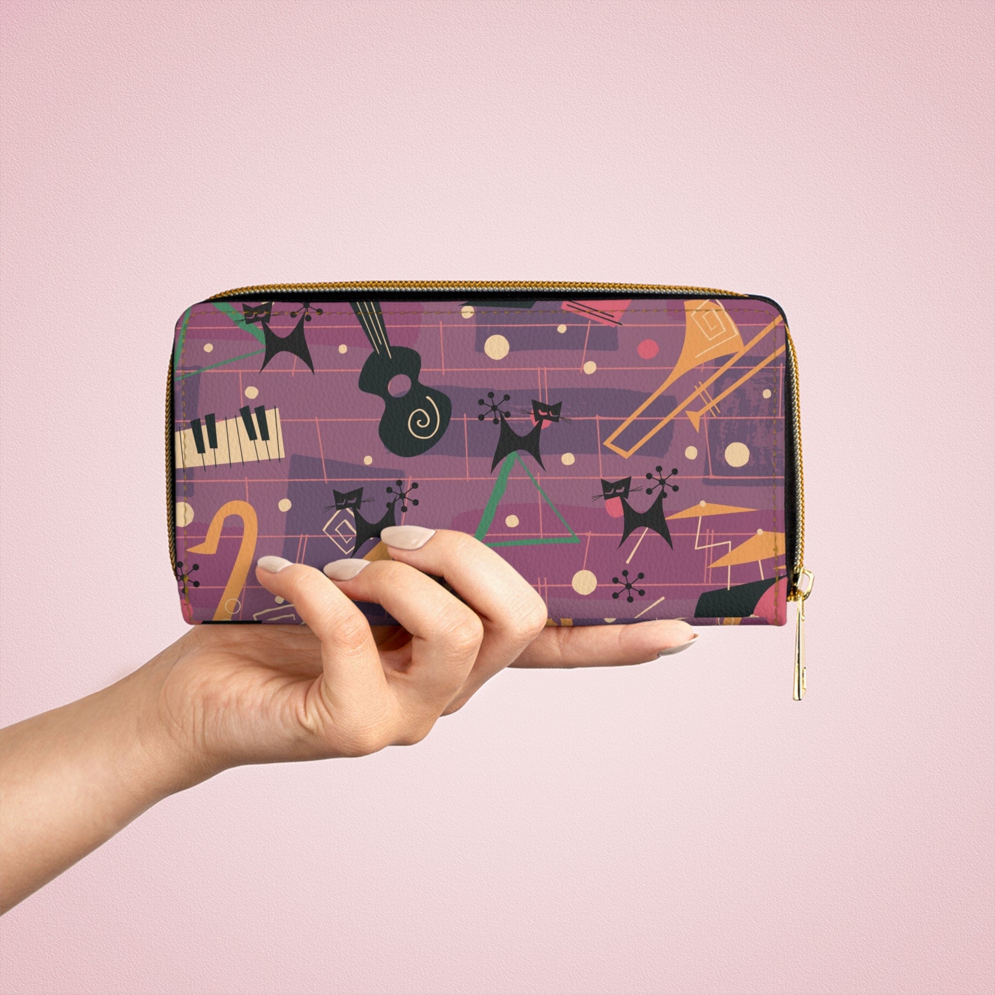 Atomic Cats, Kittie Cats, Retro Jazzy Music Lover, Purple, Zipper Wallet Accessories One size / White