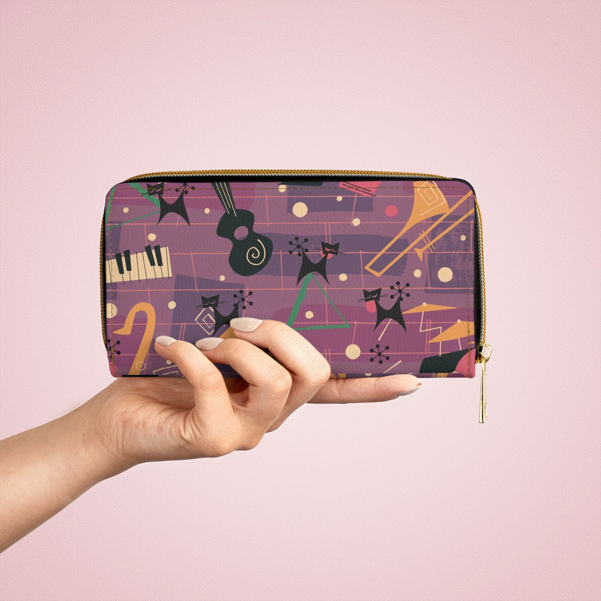 Atomic Cats, Kittie Cats, Retro Jazzy Music Lover, Purple, Zipper Wallet Accessories One size / White
