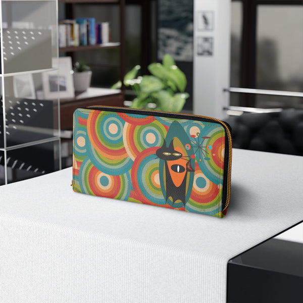 Atomic Kitschy Groovy Cat, Retro Cirlce Mod Zipper Wallet