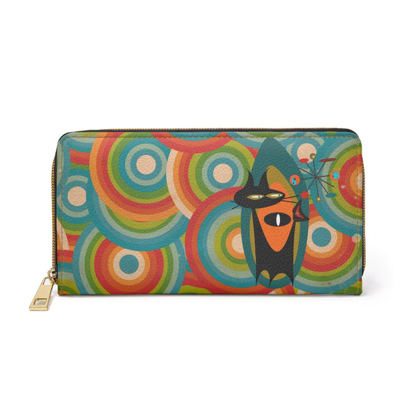 Atomic Kitschy Groovy Cat, Retro Cirlce Mod Zipper Wallet