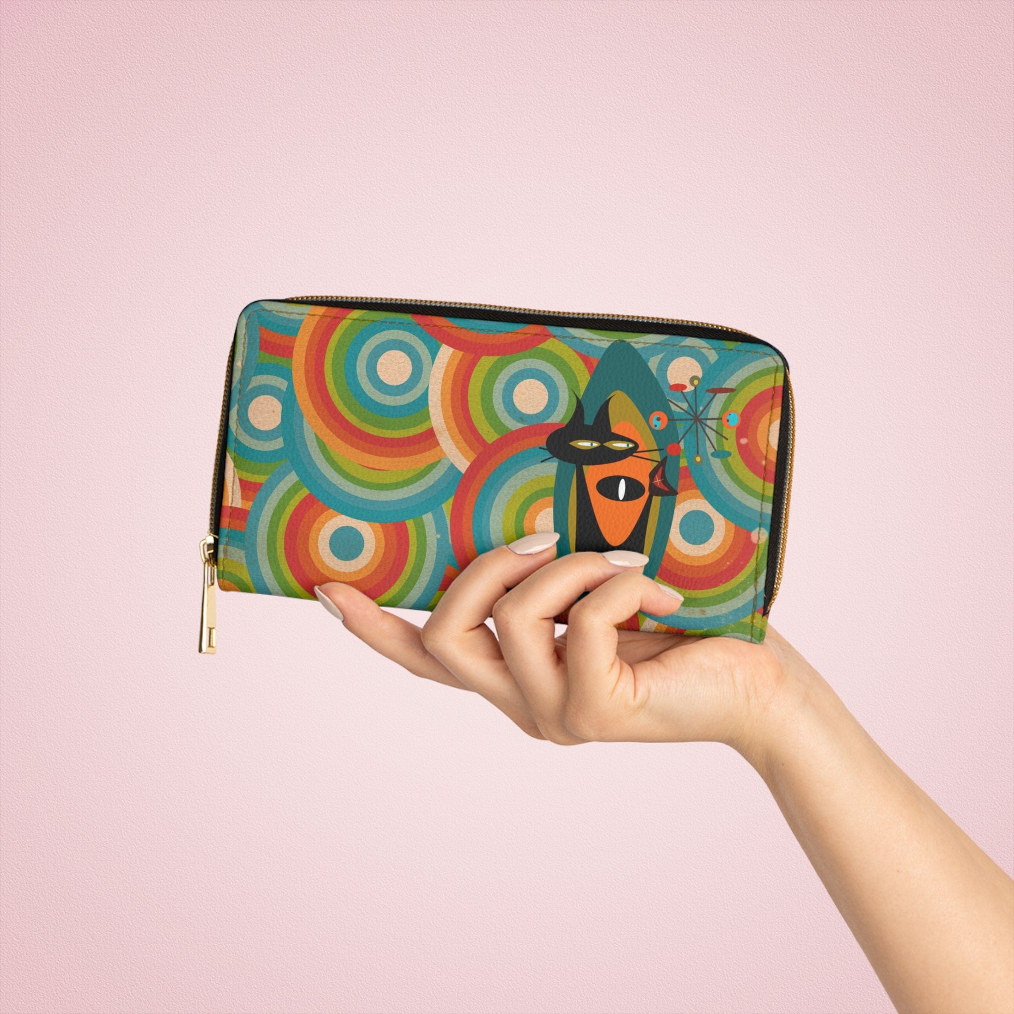Atomic Kitschy Groovy Cat, Retro Cirlce Mod Zipper Wallet Accessories One size / White