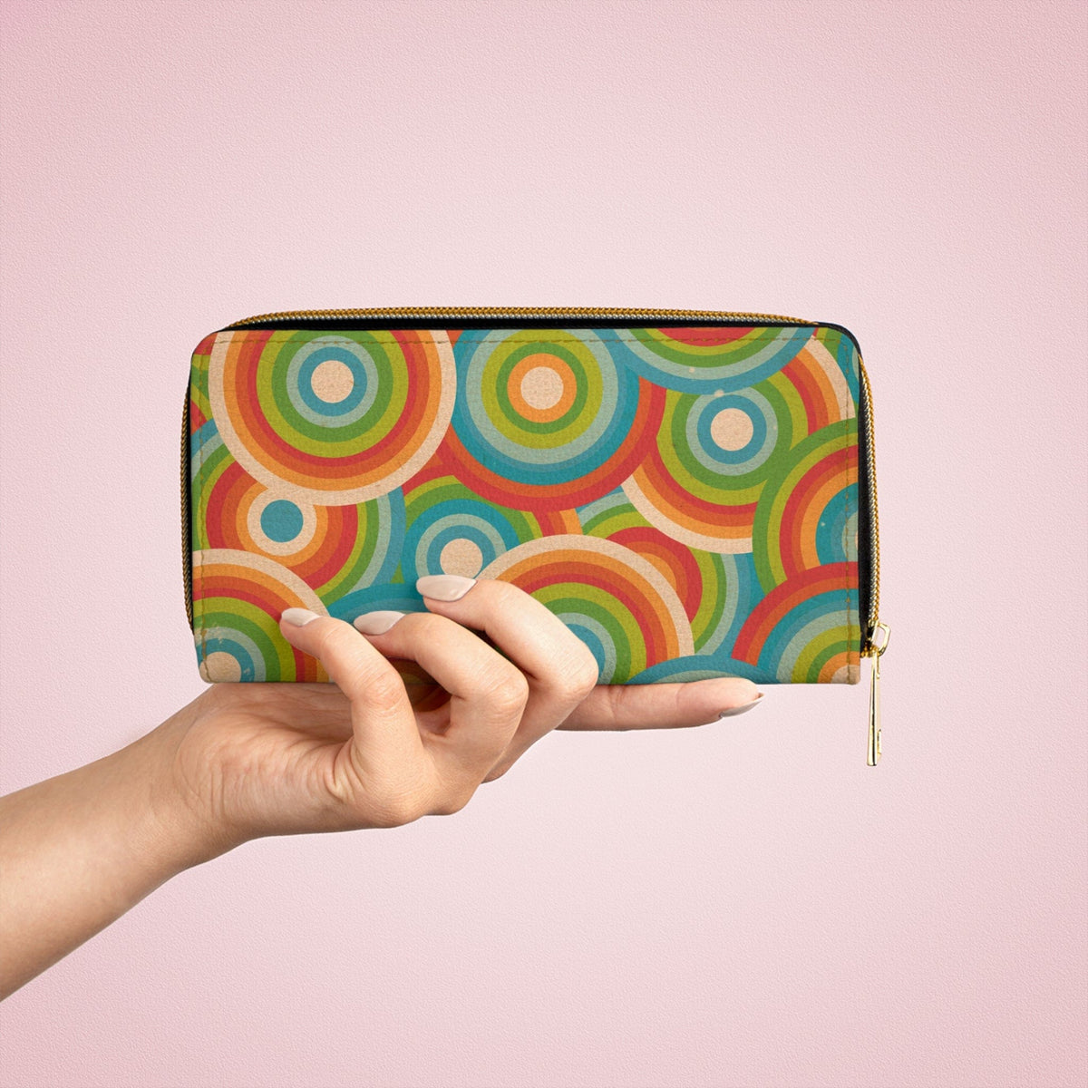 Atomic Kitschy Groovy Cat, Retro Cirlce Mod Zipper Wallet Accessories One size / White