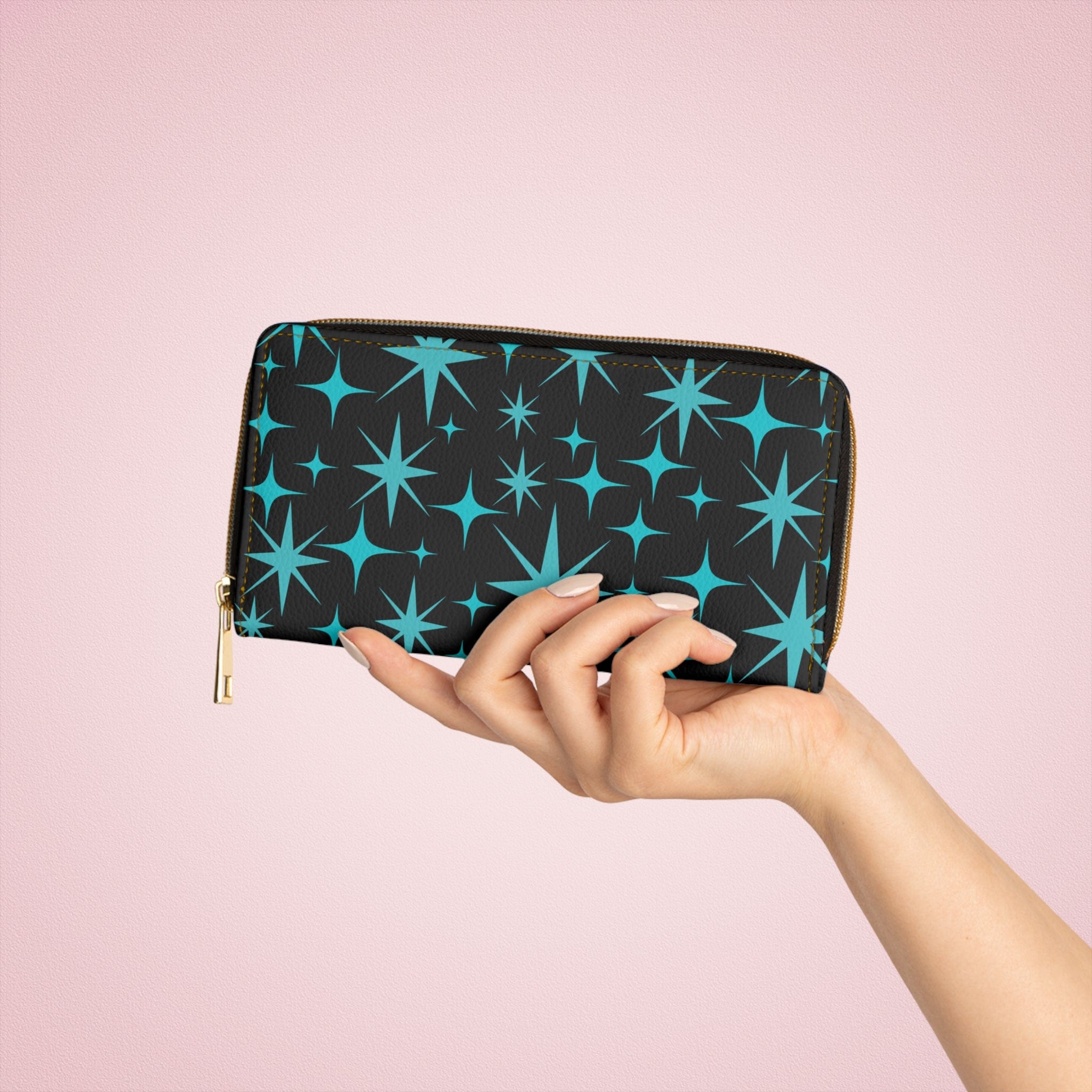 Atomic Starburst, Aqua Blue, Black, Mid Mod Retro Zipper Wallet Accessories One size / White