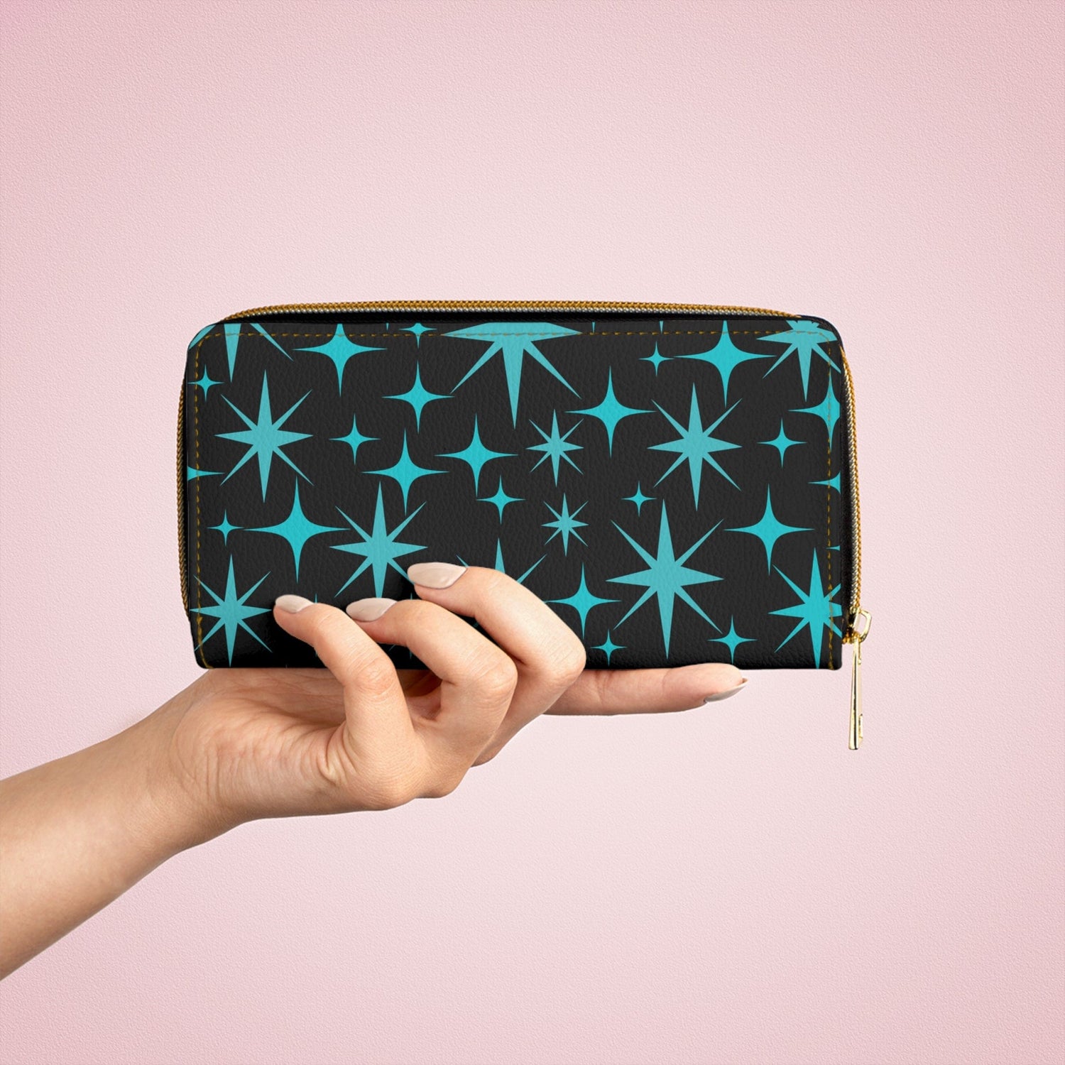 Atomic Starburst, Aqua Blue, Black, Mid Mod Retro Zipper Wallet Accessories One size / White