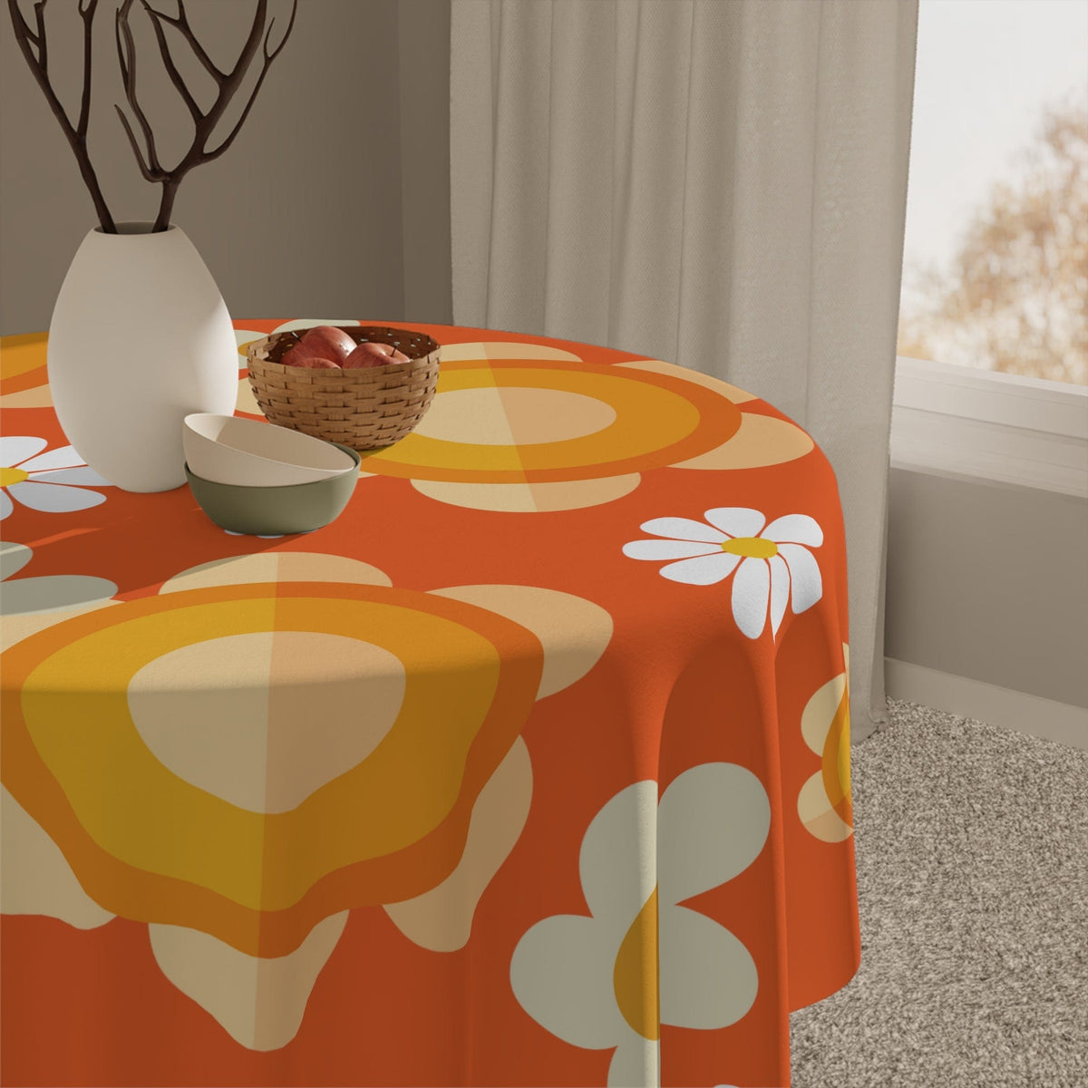 Copy of 60's Vibe Flower Power Groovy Funky Daisy Orange Mid Mod Table Cloth Home Decor One size / White