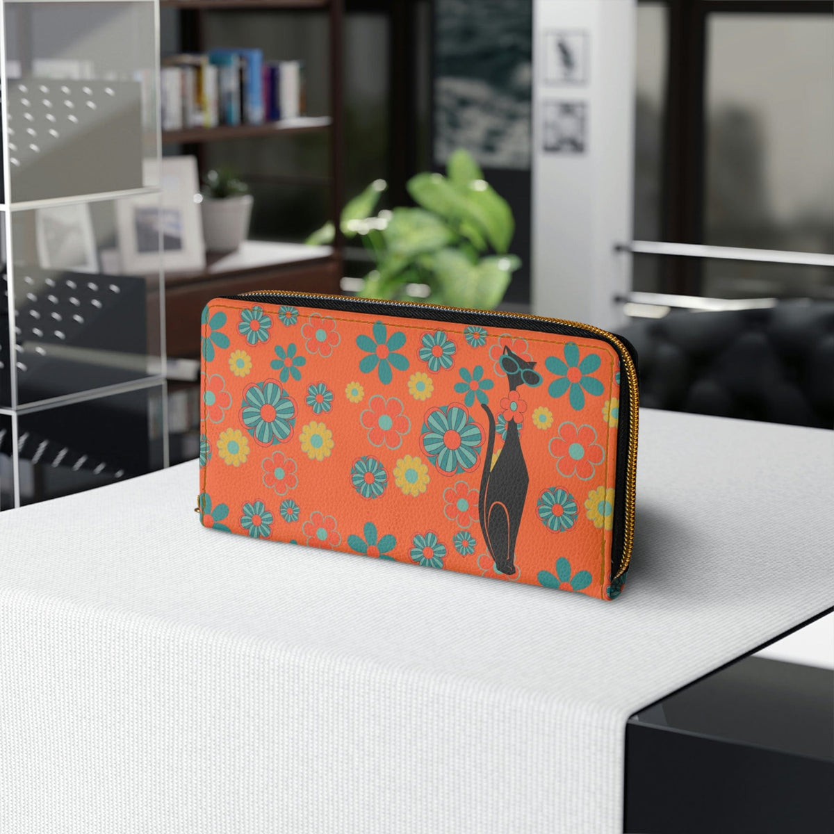 Flower Power, 70's Orange Groovy Atomic Cat, Hip Zipper Wallet Accessories One size / White
