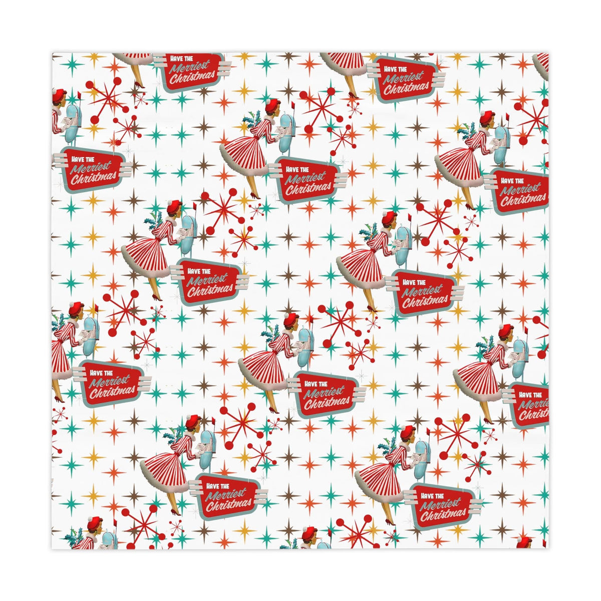 Mid Century Modern Christmas Atomic 50's Kitschy Retro Starburst Table Cloth WIth Mid Mod Gal Christmas Kitchen Linens Home Decor One size / White
