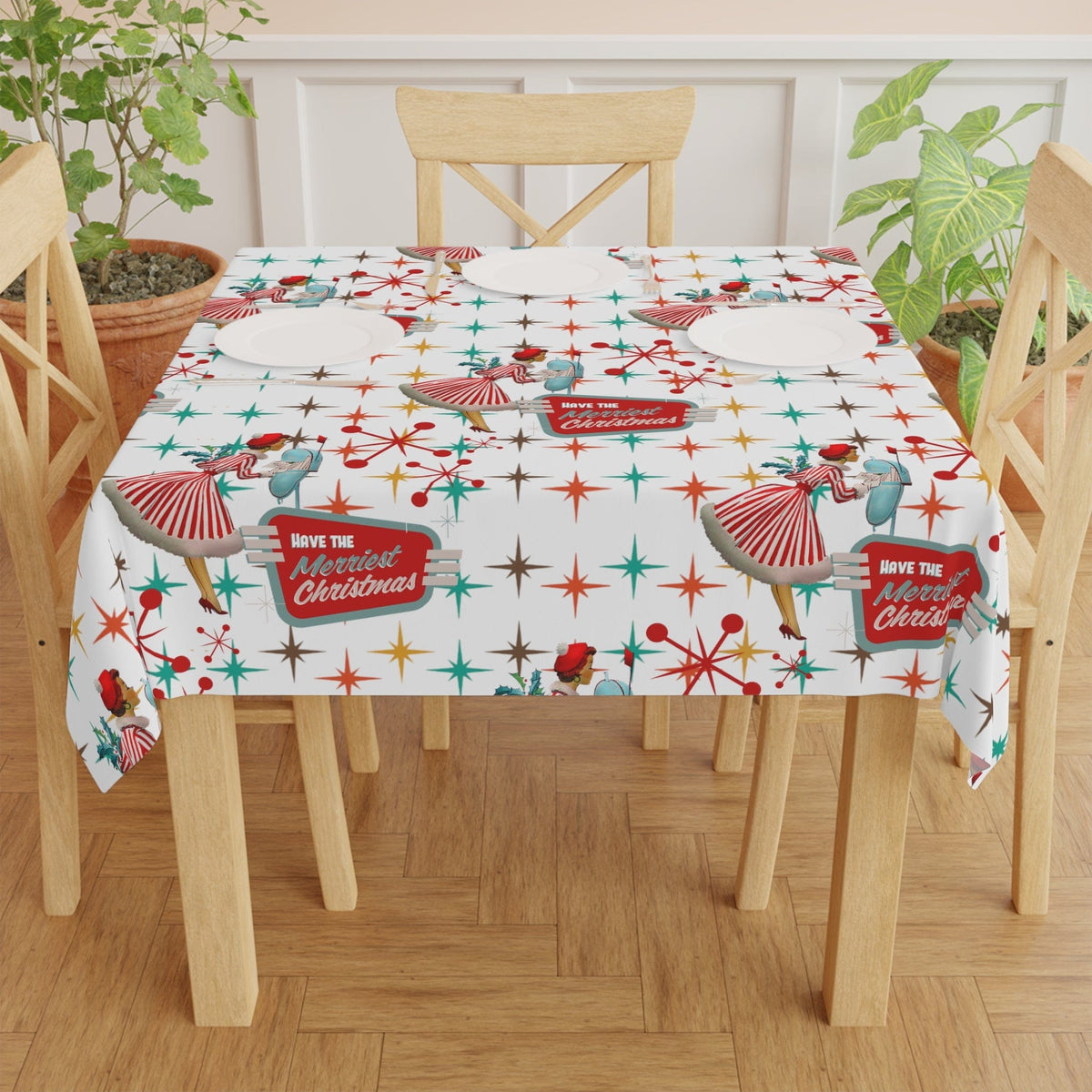 Mid Century Modern Christmas Atomic 50's Kitschy Retro Starburst Table Cloth WIth Mid Mod Gal Christmas Kitchen Linens Home Decor One size / White