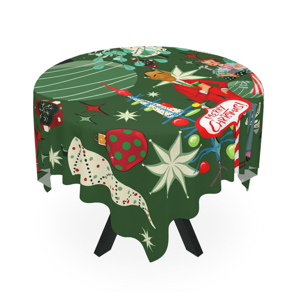 Mid Century Modern Christmas Tablecloth, Kitschy 50's Retro Couple, Green, Red, Atomic Starbusts
