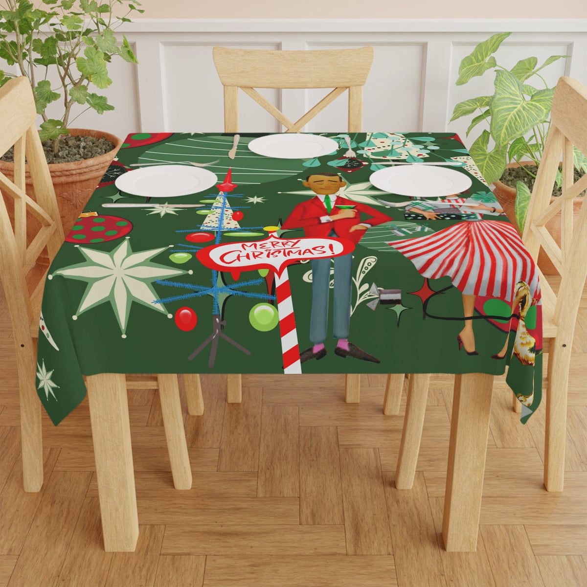 Mid Century Modern Christmas Tablecloth, Kitschy 50's Retro Couple, Green, Red, Atomic Starbusts Home Decor One size / White