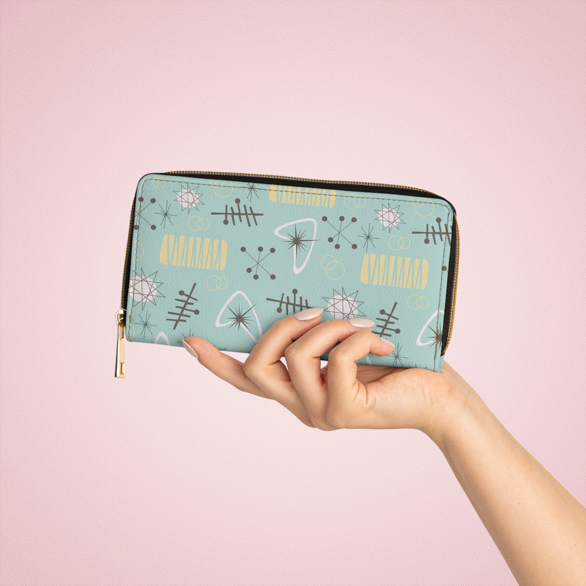 Mid Century Modern Light Aqua Blue Atomic Starburst MCM Zipper Wallet Accessories One size / White