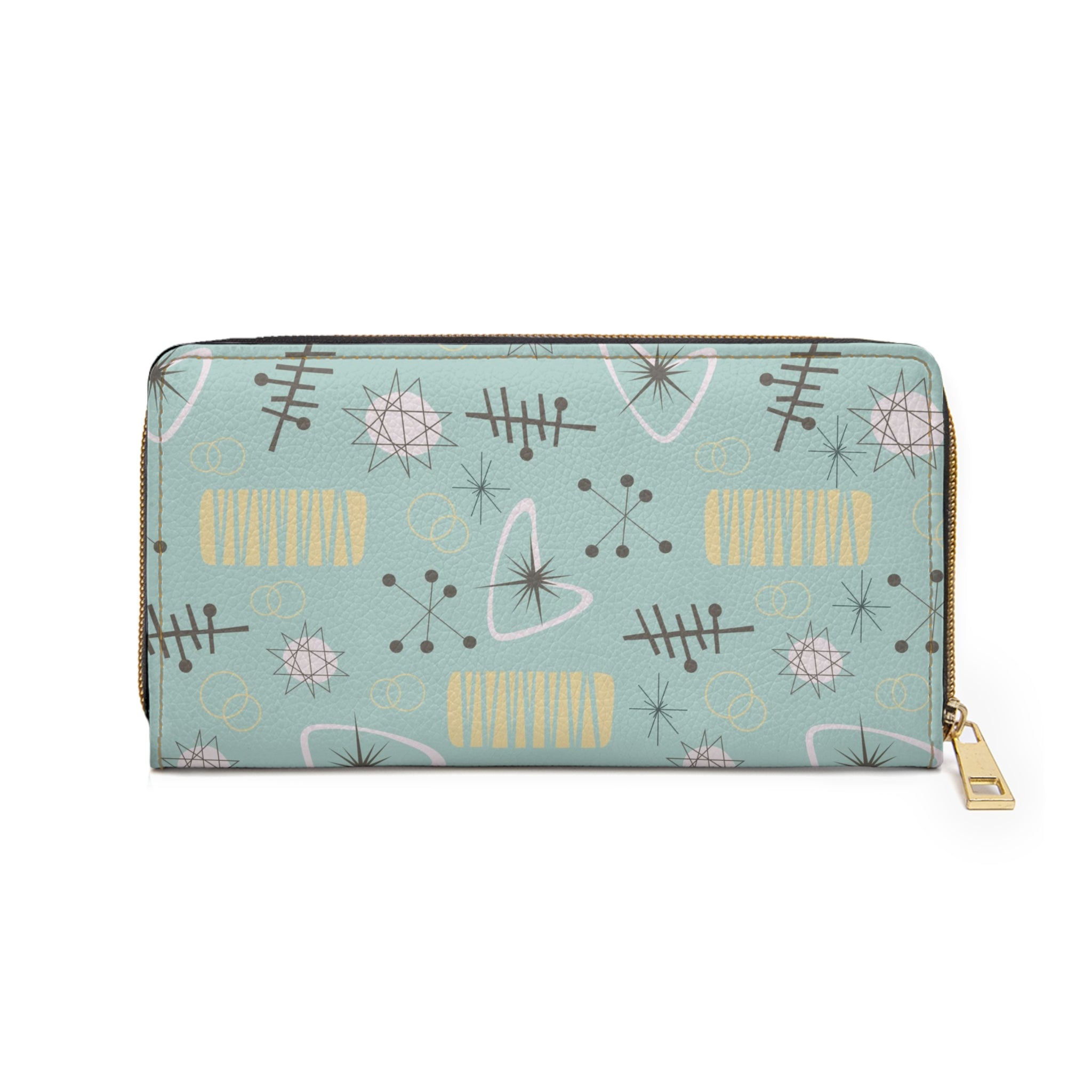 Mid Century Modern Light Aqua Blue Atomic Starburst MCM Zipper Wallet Accessories One size / White