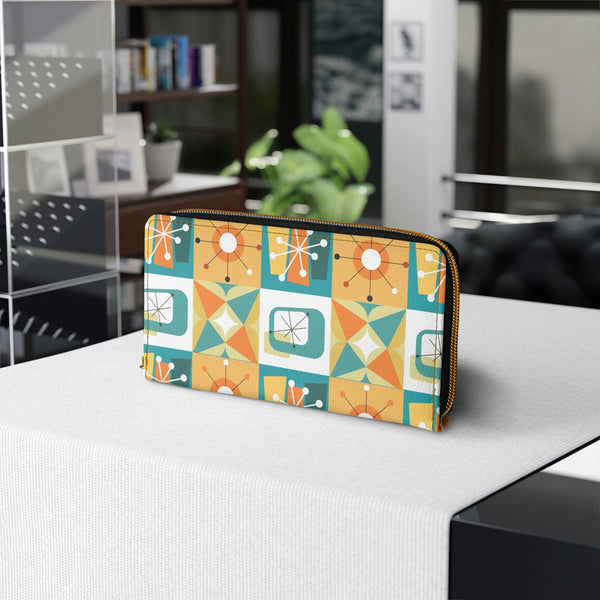 Mid Century Modern, Retro Geometric Groovy Teal, Orange, Zipper Wallet
