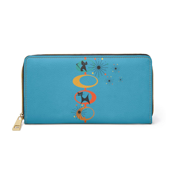 Mid Mod Atomic Space Cat, Turquoise Retro Zipper Wallet