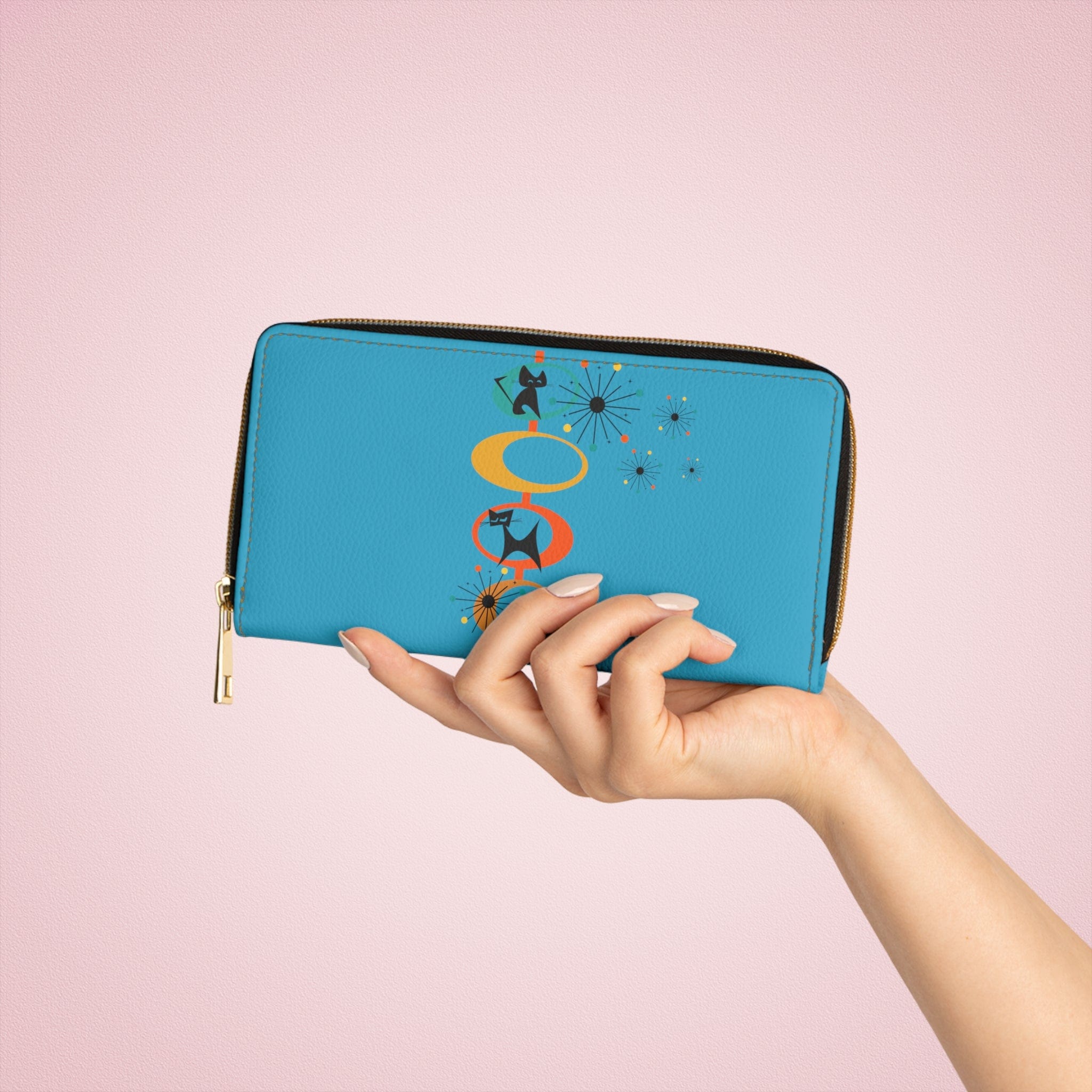 Mid Mod Atomic Space Cat, Turquoise Retro Zipper Wallet Accessories One size / White