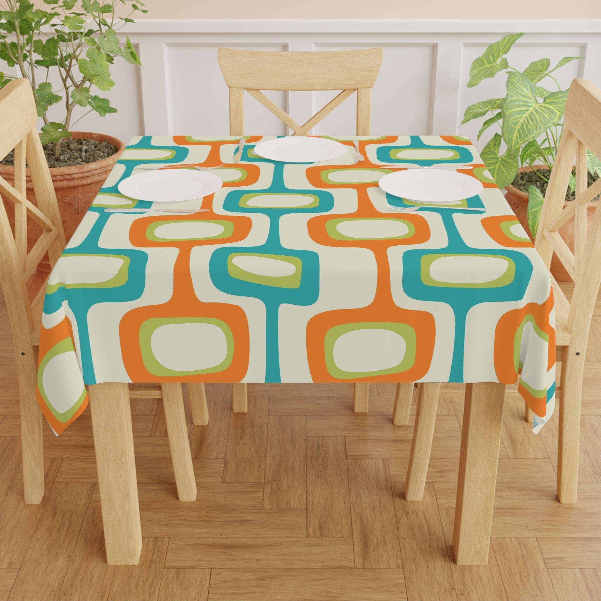 Mid Mod Retro Geometric, Orange, Teal Beige MCM Tablecloth Home Decor One size / White