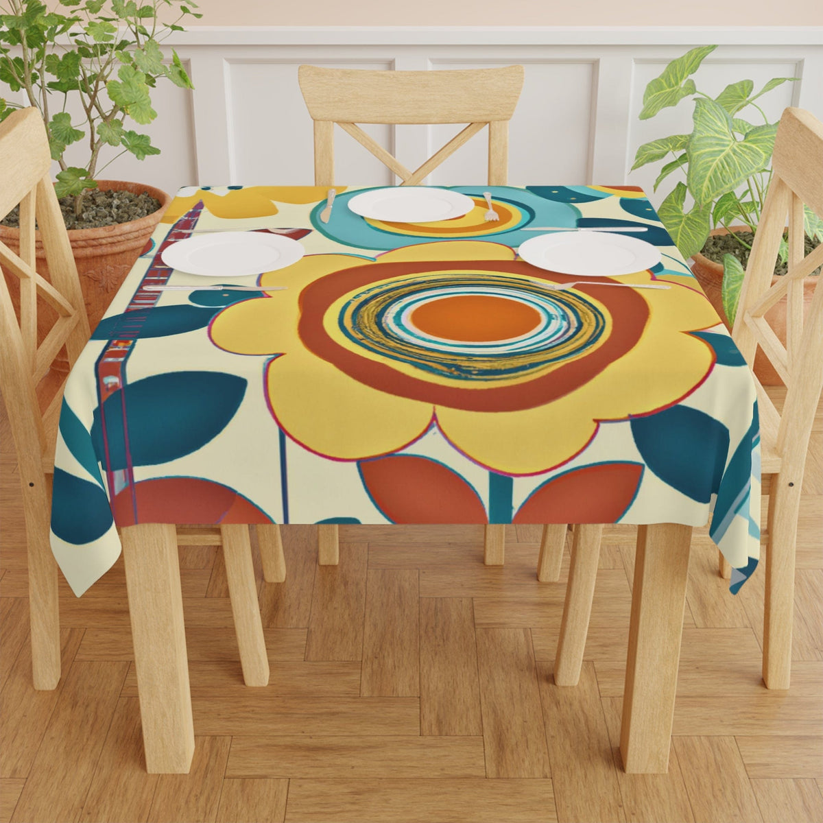 Reto Modern Flower, Abstract, Watercolor Floral Mod Designs, MCM Tablecloth Home Decor One size / White