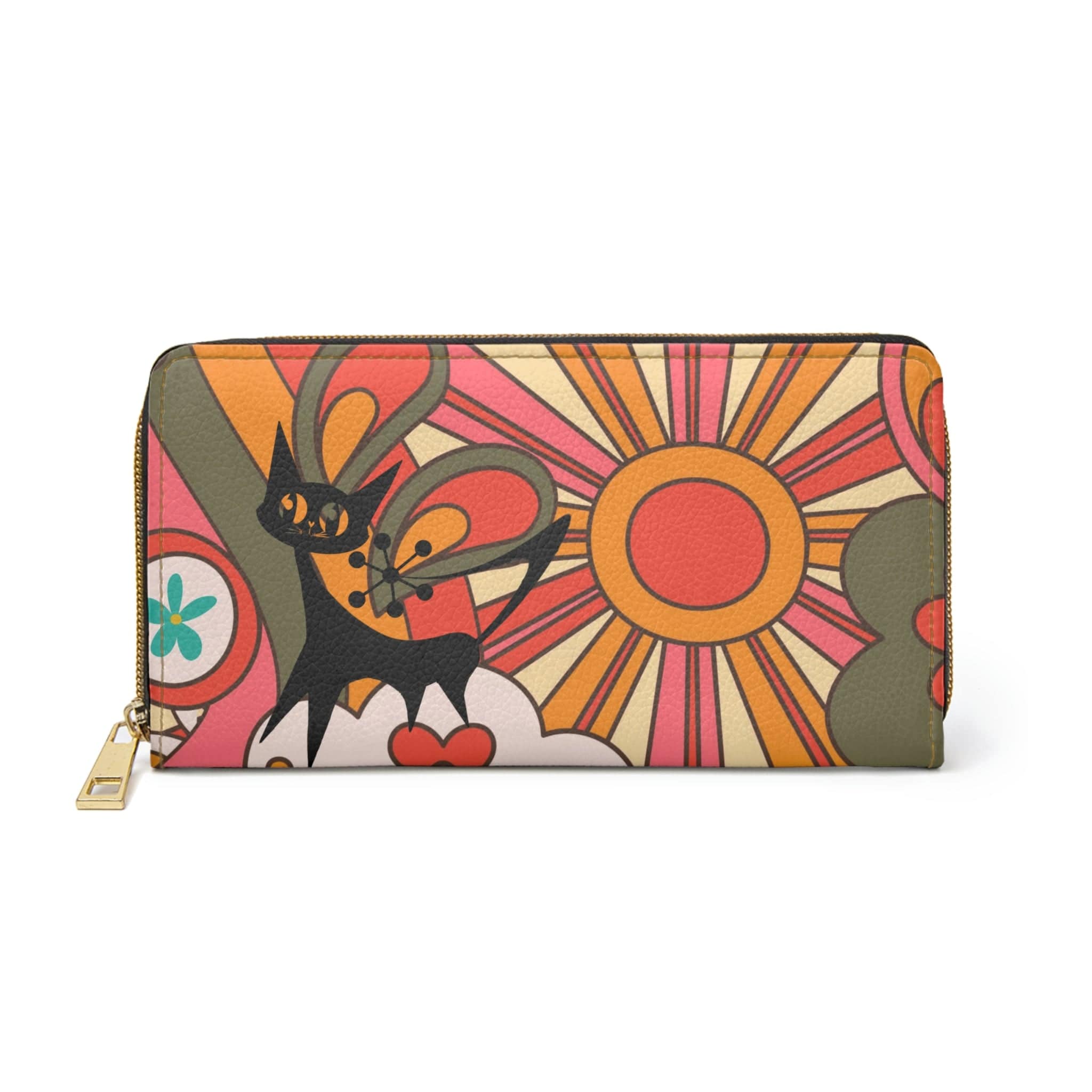 Retro Flower Power Groovy Sunburst, Atomic Kitschy Cat Mod Zipper Wallet Accessories One size / White
