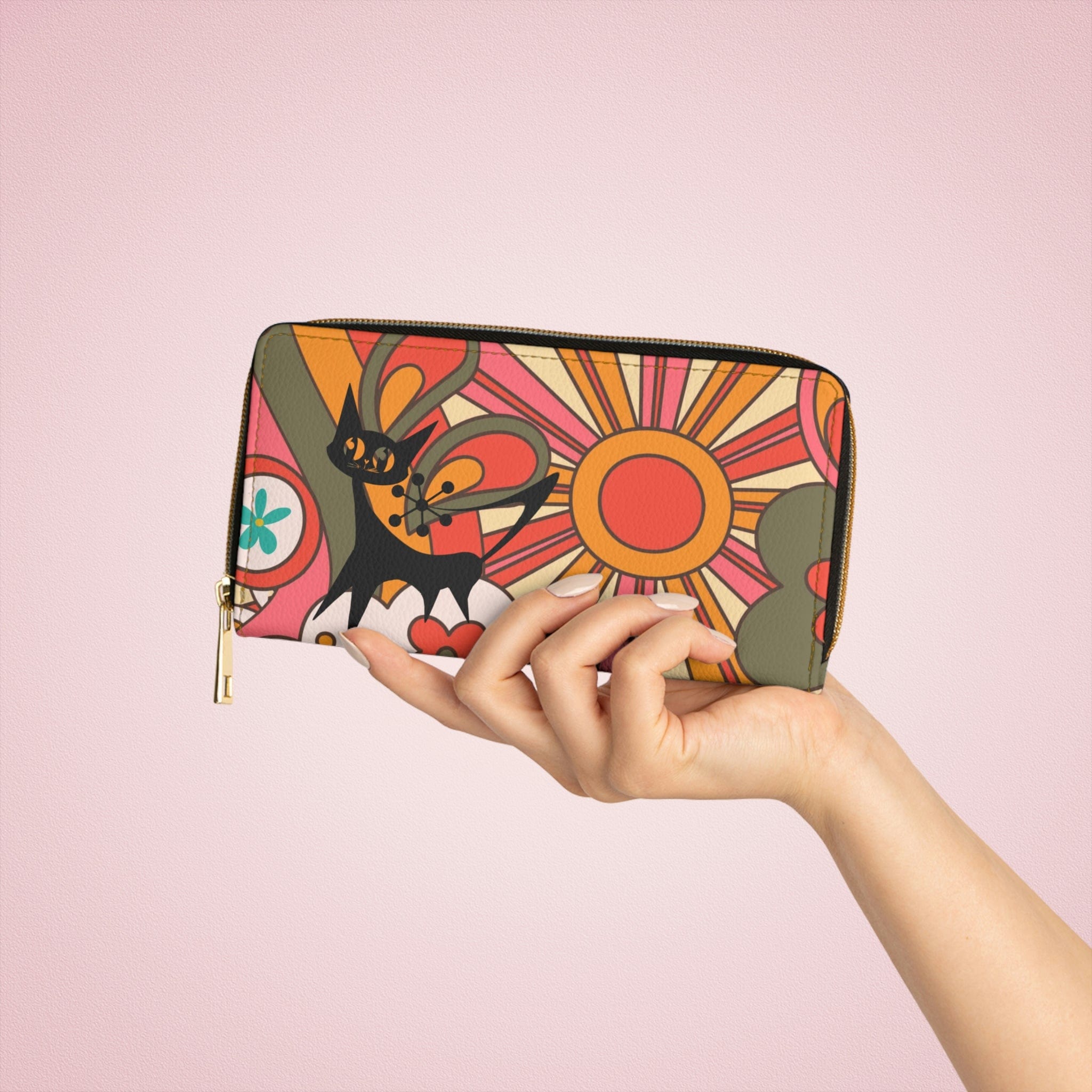 Retro Flower Power Groovy Sunburst, Atomic Kitschy Cat Mod Zipper Wallet Accessories One size / White