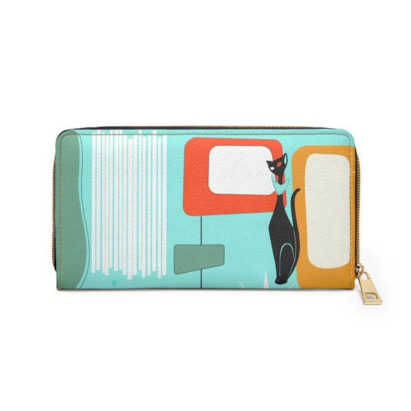 Atomic Cat, Aqua Blue, Mid Century Modern Funky Fun, Retro Zipper Wallet
