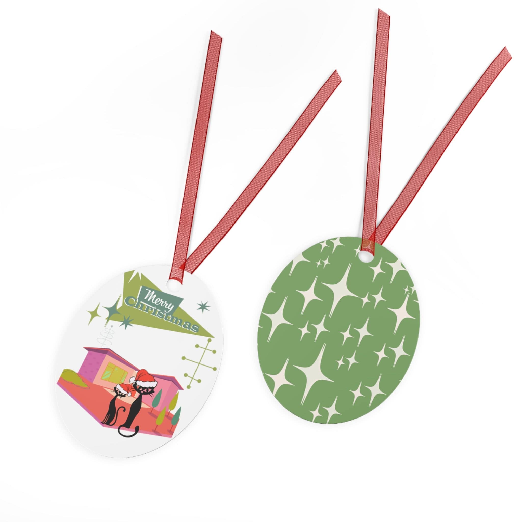 Mid Century Modern Christmas Ornament, Atomic Kitschy Cats, Whimiscal Holiday Kitsch X-Mas Tree Trimmings Home Decor Oval / One Size
