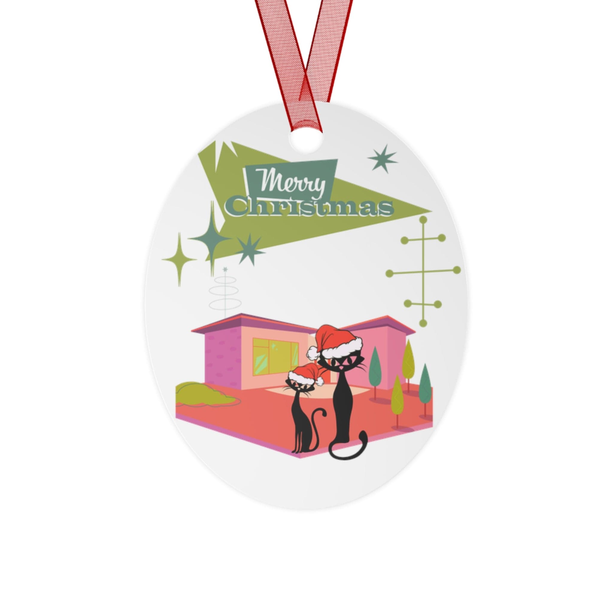 Mid Century Modern Christmas Ornament, Atomic Kitschy Cats, Whimiscal Holiday Kitsch X-Mas Tree Trimmings Home Decor Oval / One Size